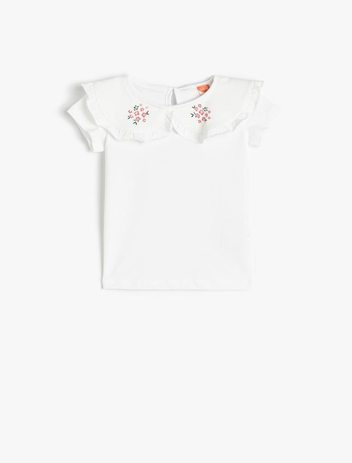 Kız Bebek Bebe Yaka Tişört Kısa Kollu Bisiklet Yaka Pamuklu Fırfırlı