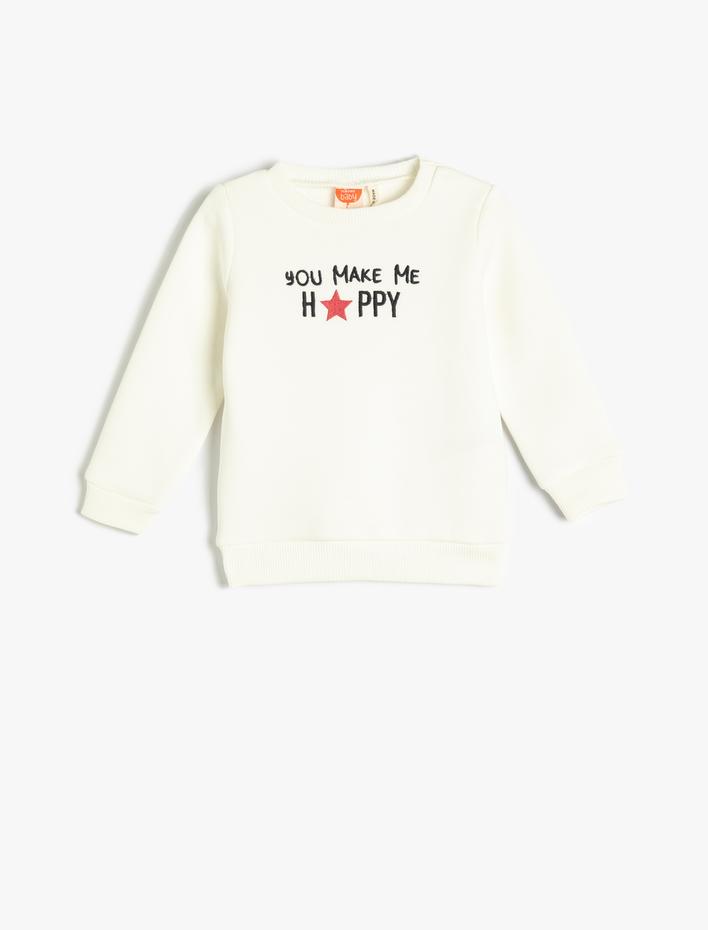 Kız Bebek Sweatshirt Uzun Kollu Bisiklet Yaka İşleme Detaylı Pamuklu Şardonlu