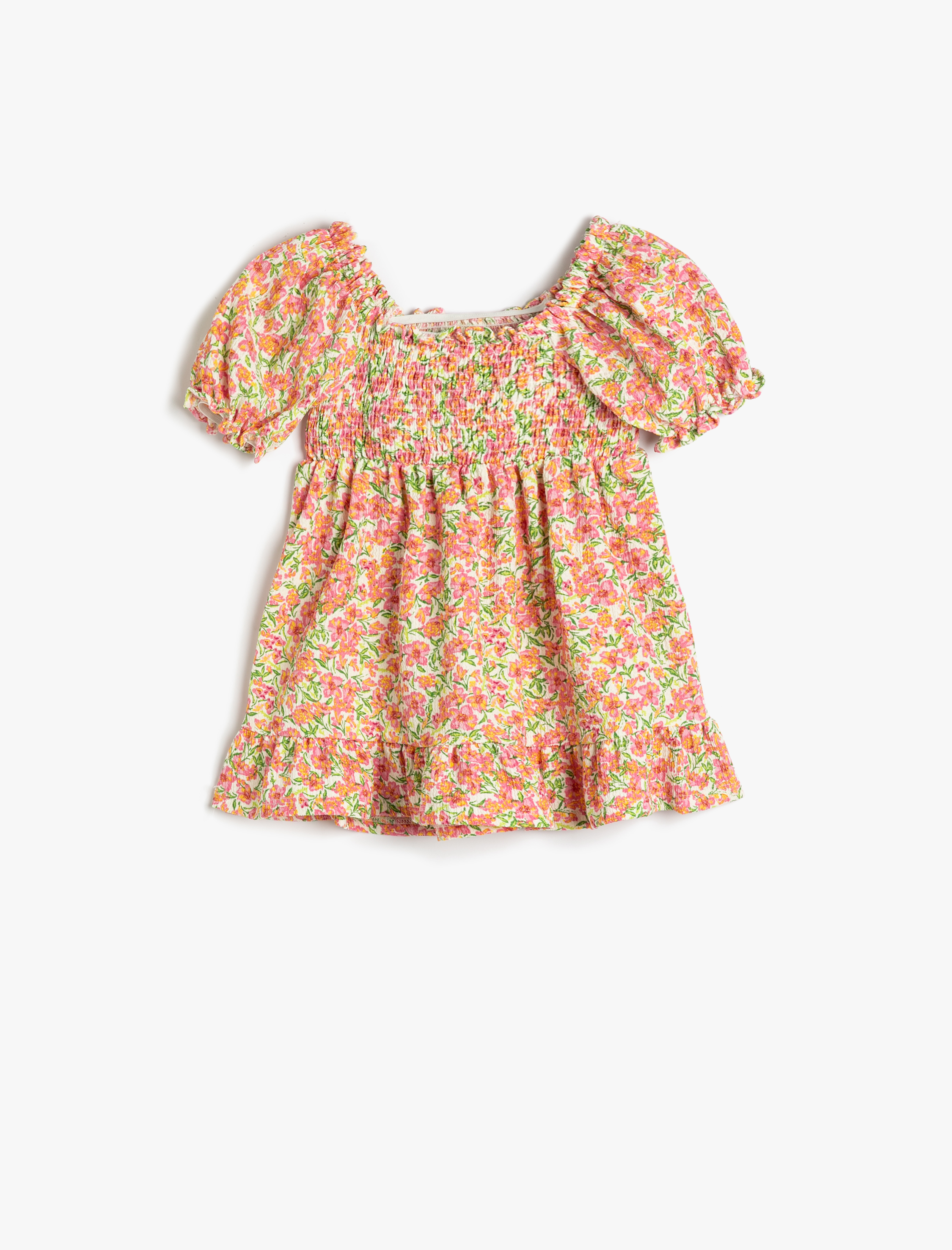  Kız Bebek Elbise Çiçekli Kısa Balon Yaka Gipe Detaylı Kare Yaka