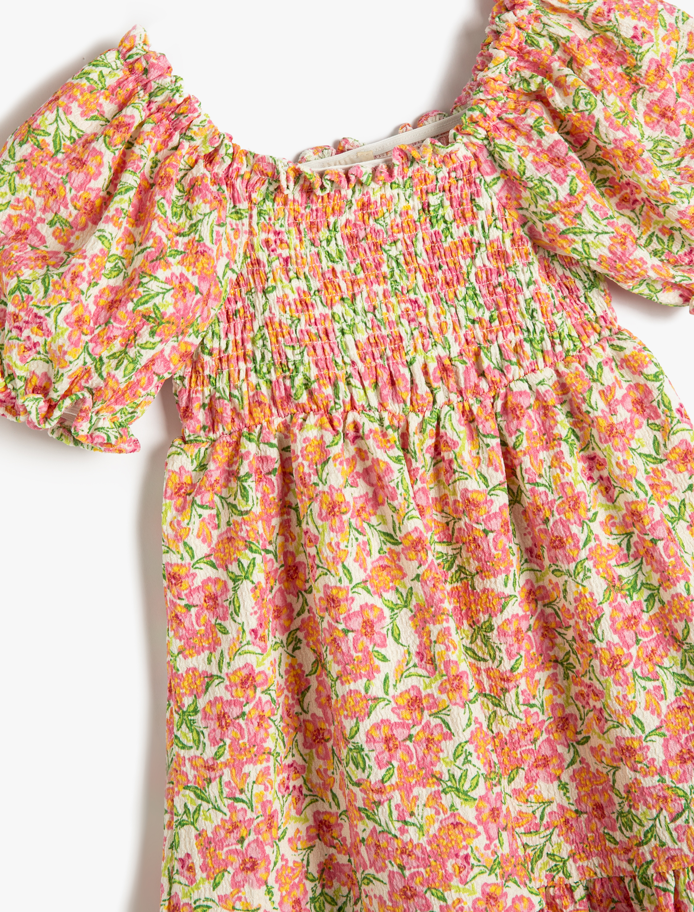  Kız Bebek Elbise Çiçekli Kısa Balon Yaka Gipe Detaylı Kare Yaka