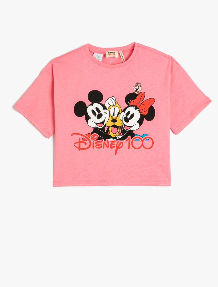Kız Çocuk Crop Oversize Tişört Minnie ve Mickey Mouse Baskılı Lisanslı