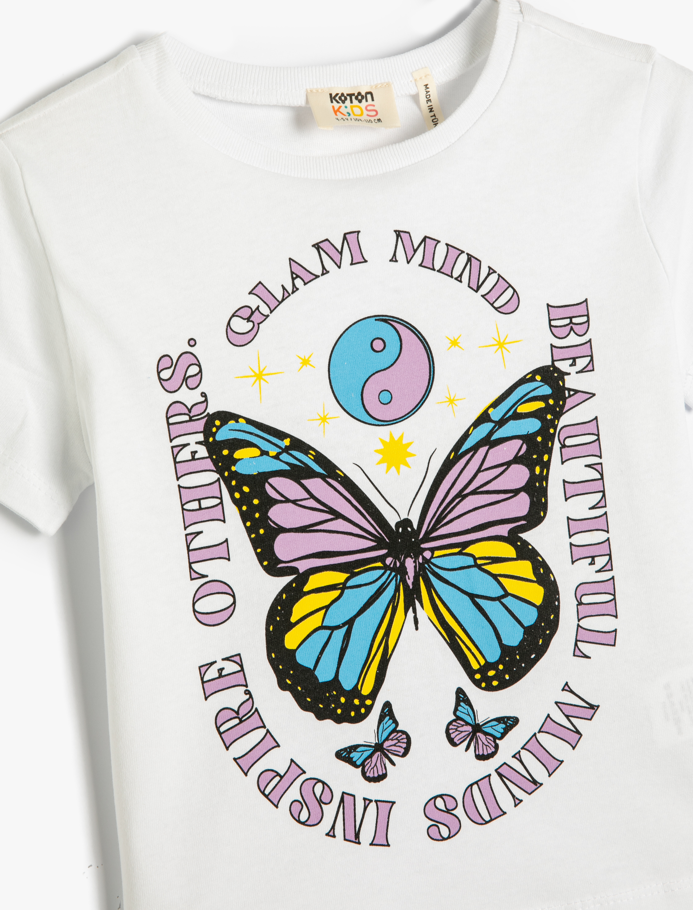  Kız Çocuk Kelebek Baskılı Pamuklu Tişört Kısa Kollu Bisiklet Yaka