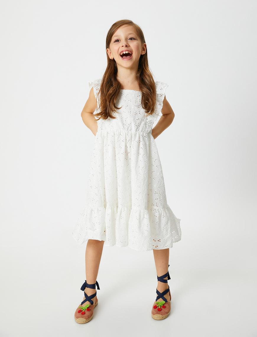 Kız Çocuk Elbise Midi Fisto İşlemeli Fırfırlı Kare Yaka Pamuklu Astarlı