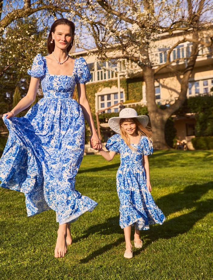 Kız Çocuk Elbise Midi Çiçekli Kısa Balon Kollu Kare Yaka Astarlı