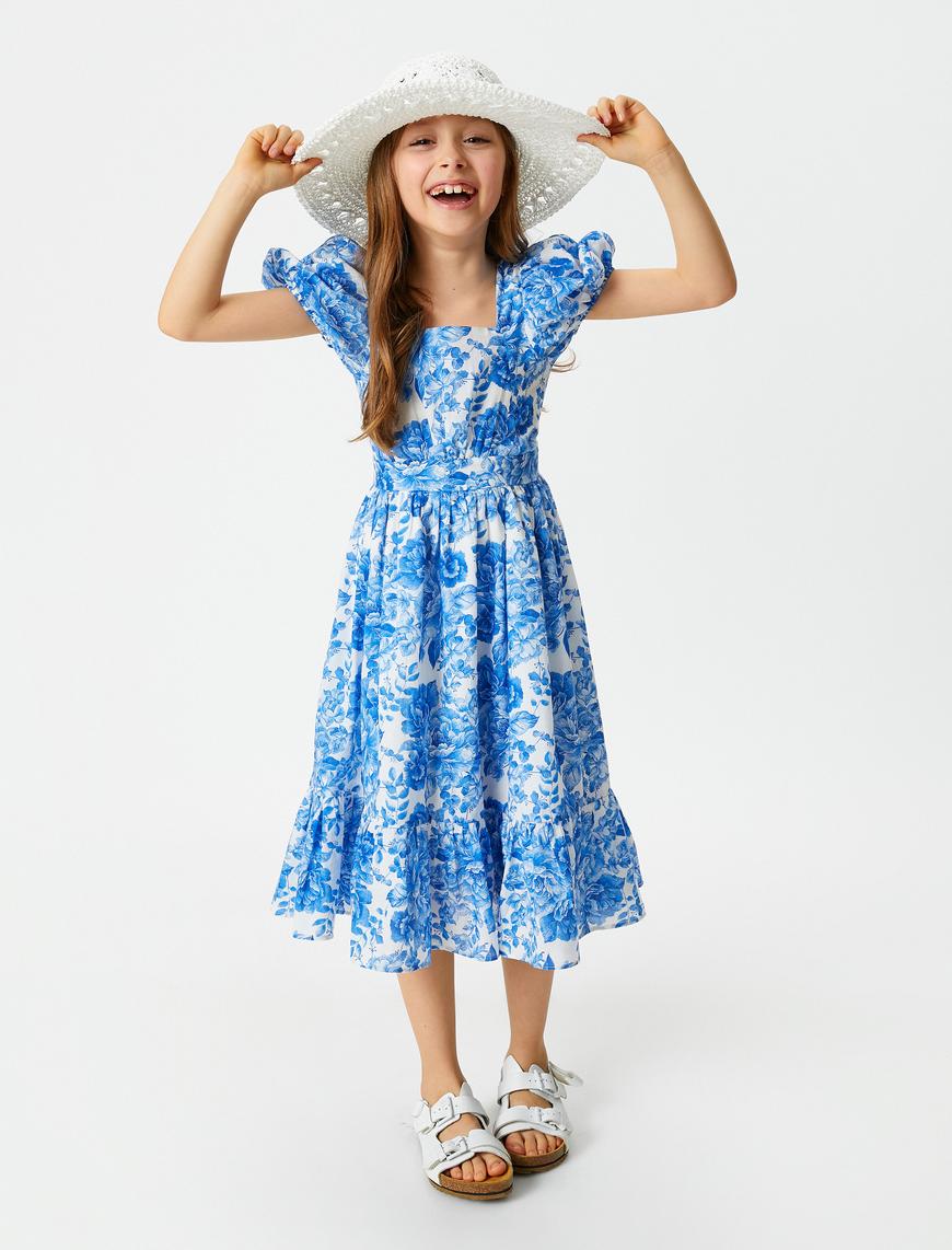  Kız Çocuk Elbise Midi Çiçekli Kısa Balon Kollu Kare Yaka Astarlı