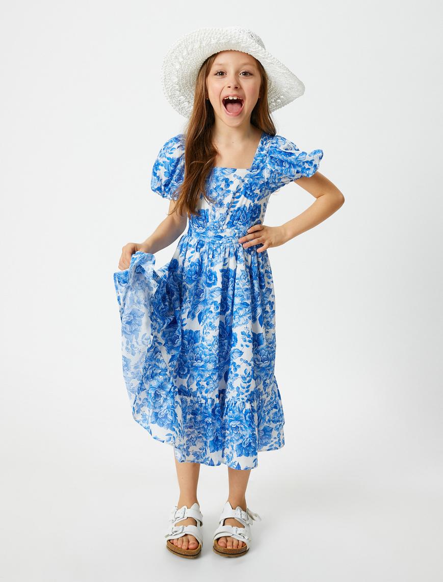  Kız Çocuk Elbise Midi Çiçekli Kısa Balon Kollu Kare Yaka Astarlı