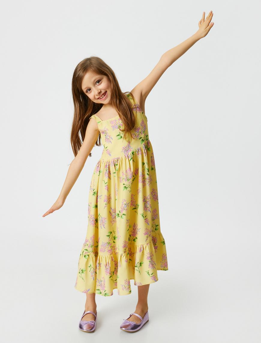  Kız Çocuk Elbise Midi Çiçekli Askılı Arkası Gipe Detaylı