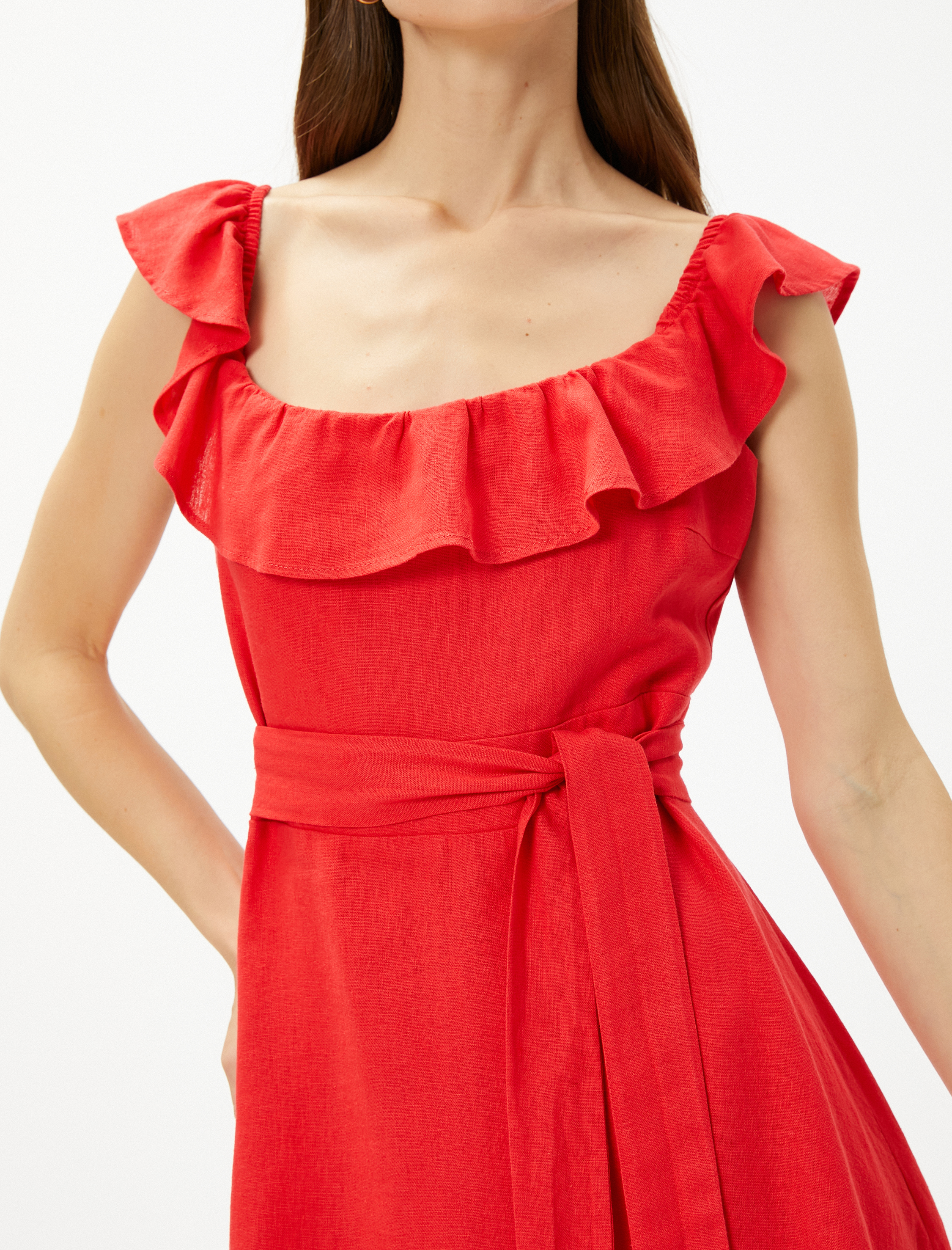   Keten Elbise Volanlı Kuşaklı