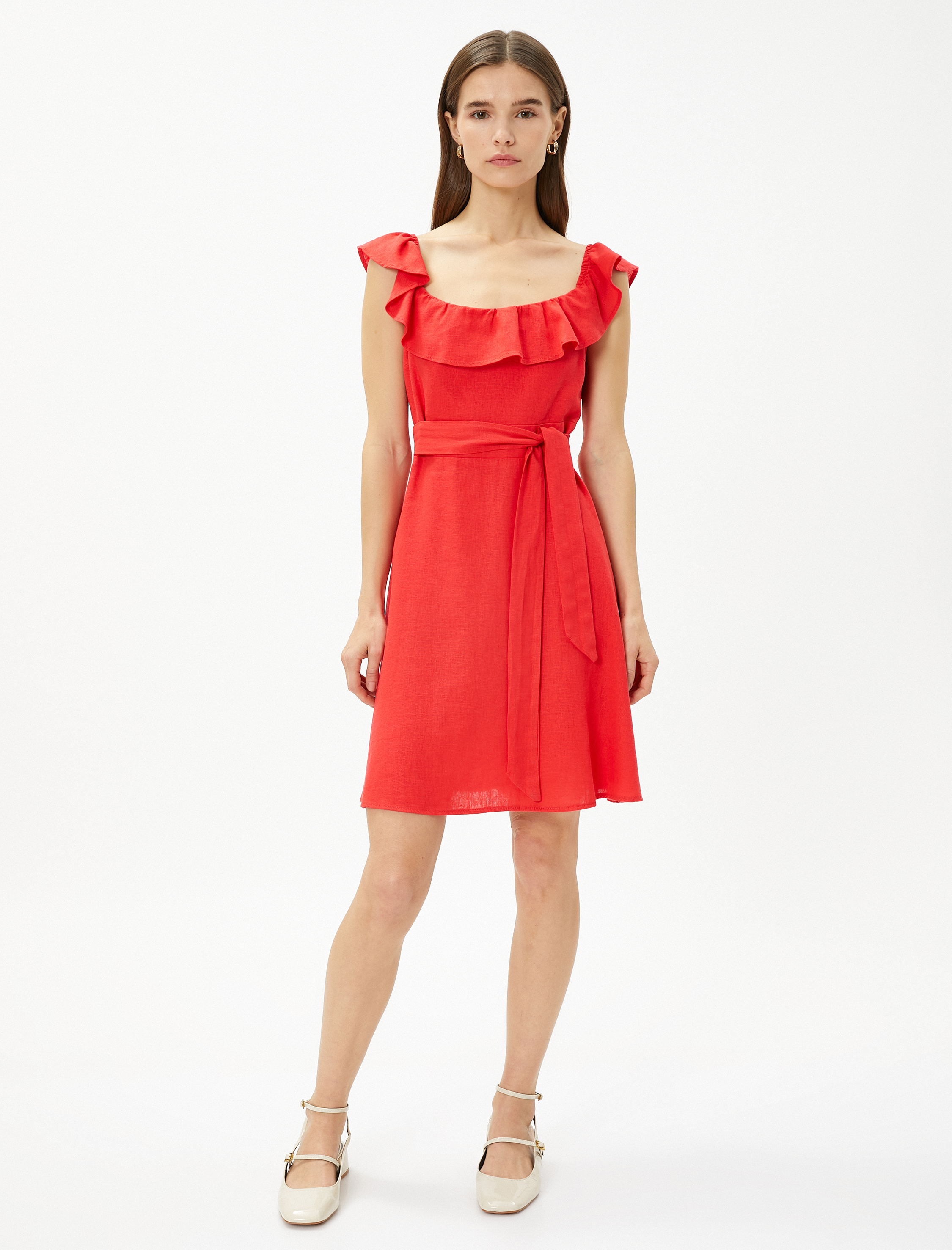   Keten Elbise Volanlı Kuşaklı