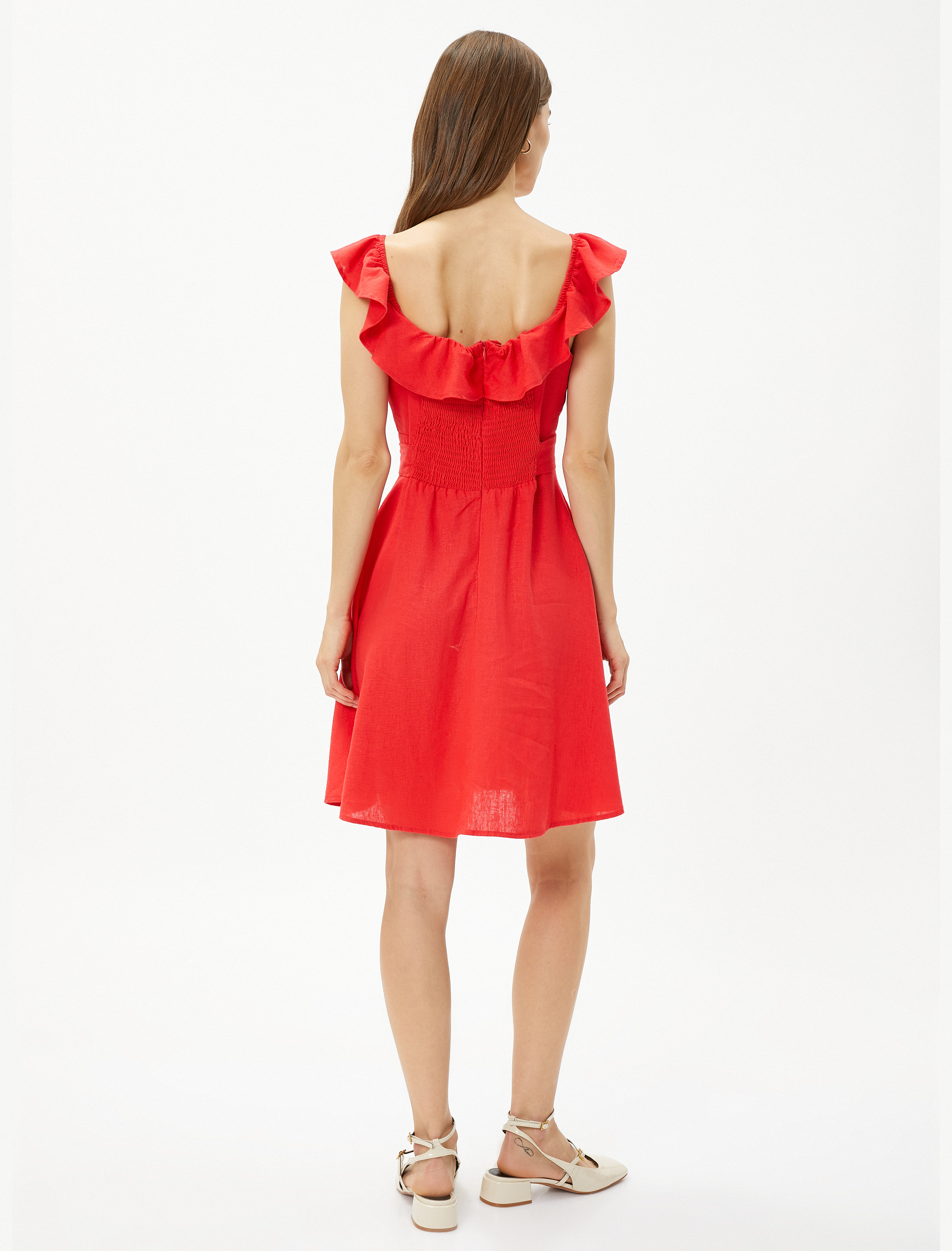   Keten Elbise Volanlı Kuşaklı