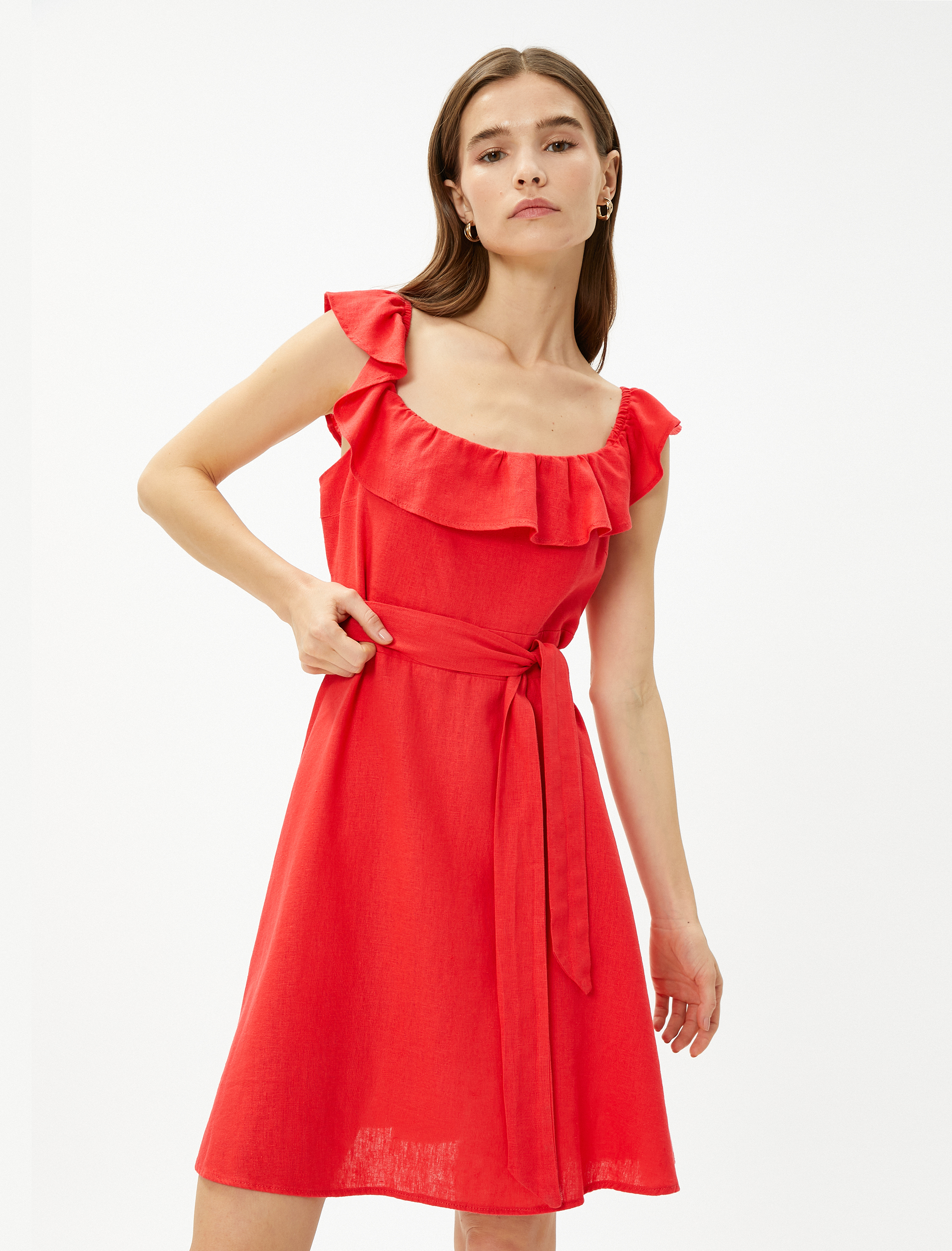   Keten Elbise Volanlı Kuşaklı