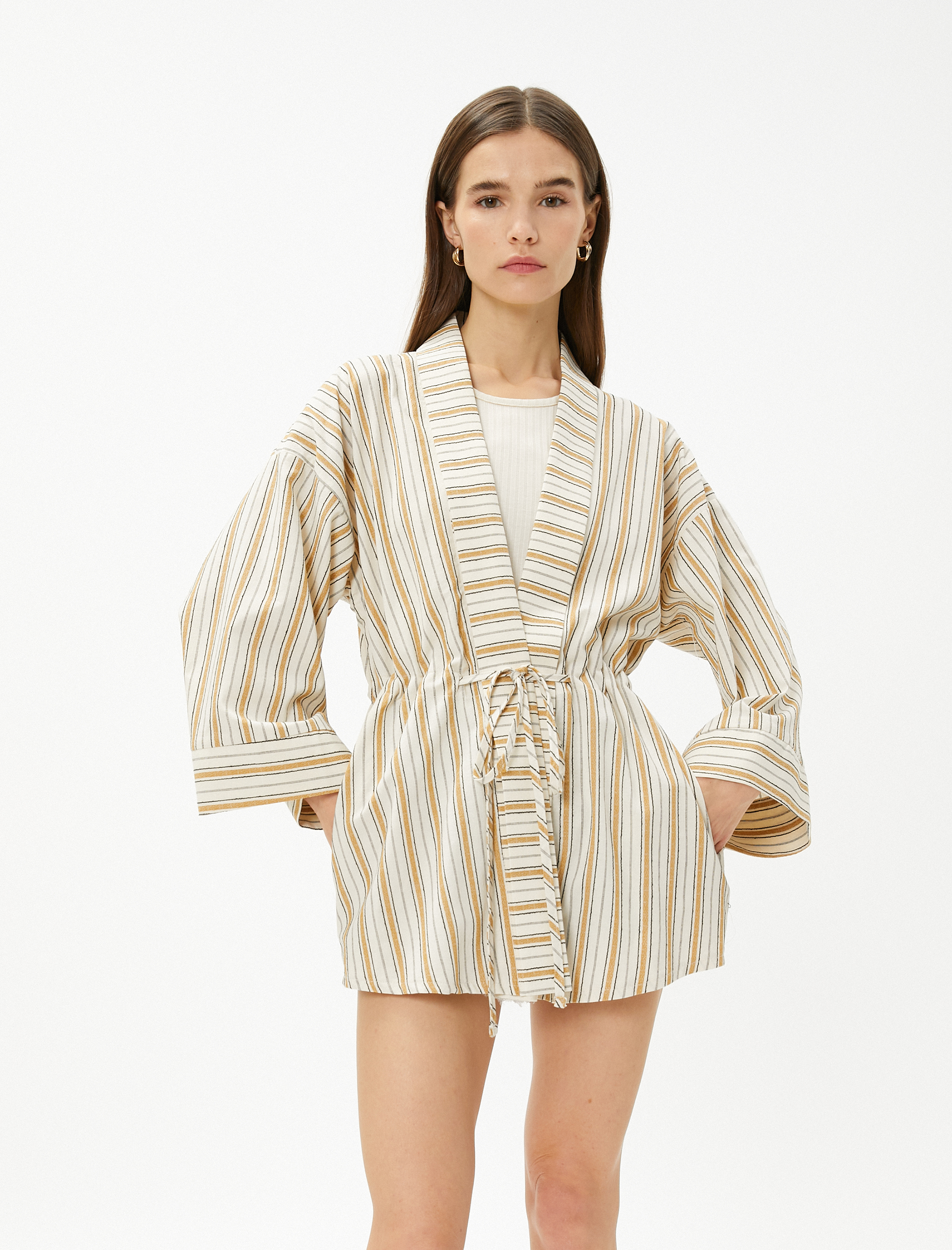   Pamuklu Kimono Cepli Beli Bağlamalı