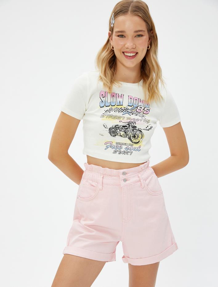  Yüksek Bel Şort Beli Lastikli Katlama Detaylı Pamuklu