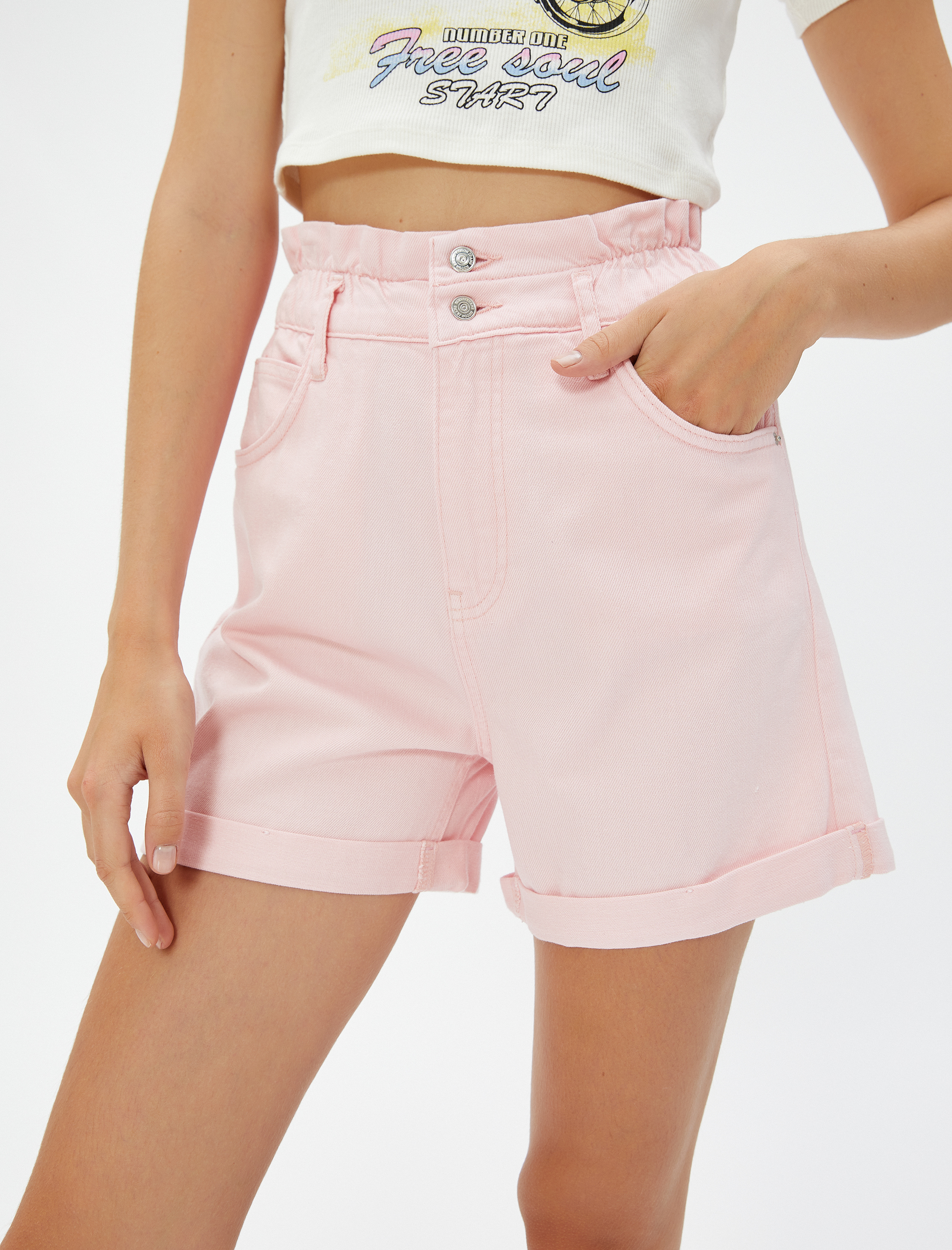   Yüksek Bel Şort Beli Lastikli Katlama Detaylı Pamuklu