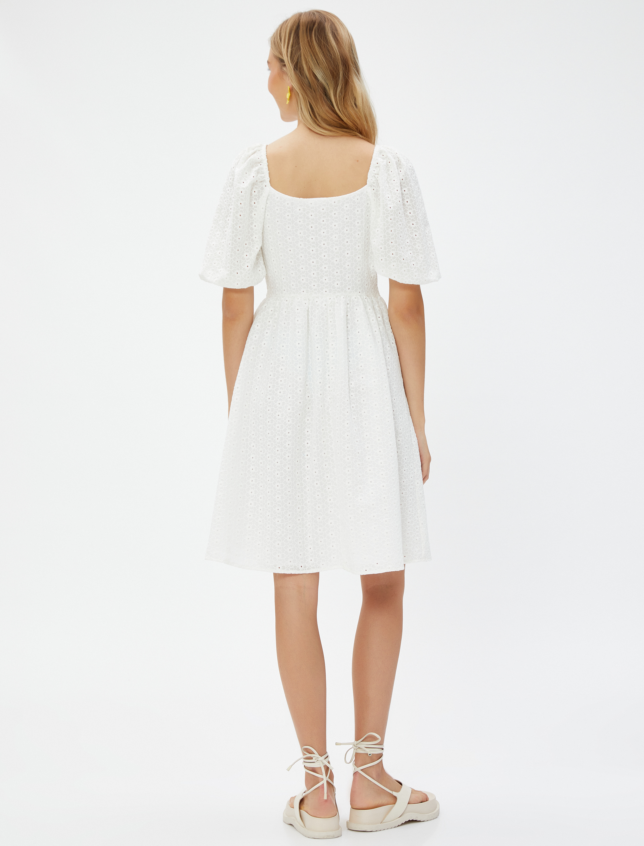   Fisto Elbise Mini Balon Kollu Kare Yaka Pamuklu