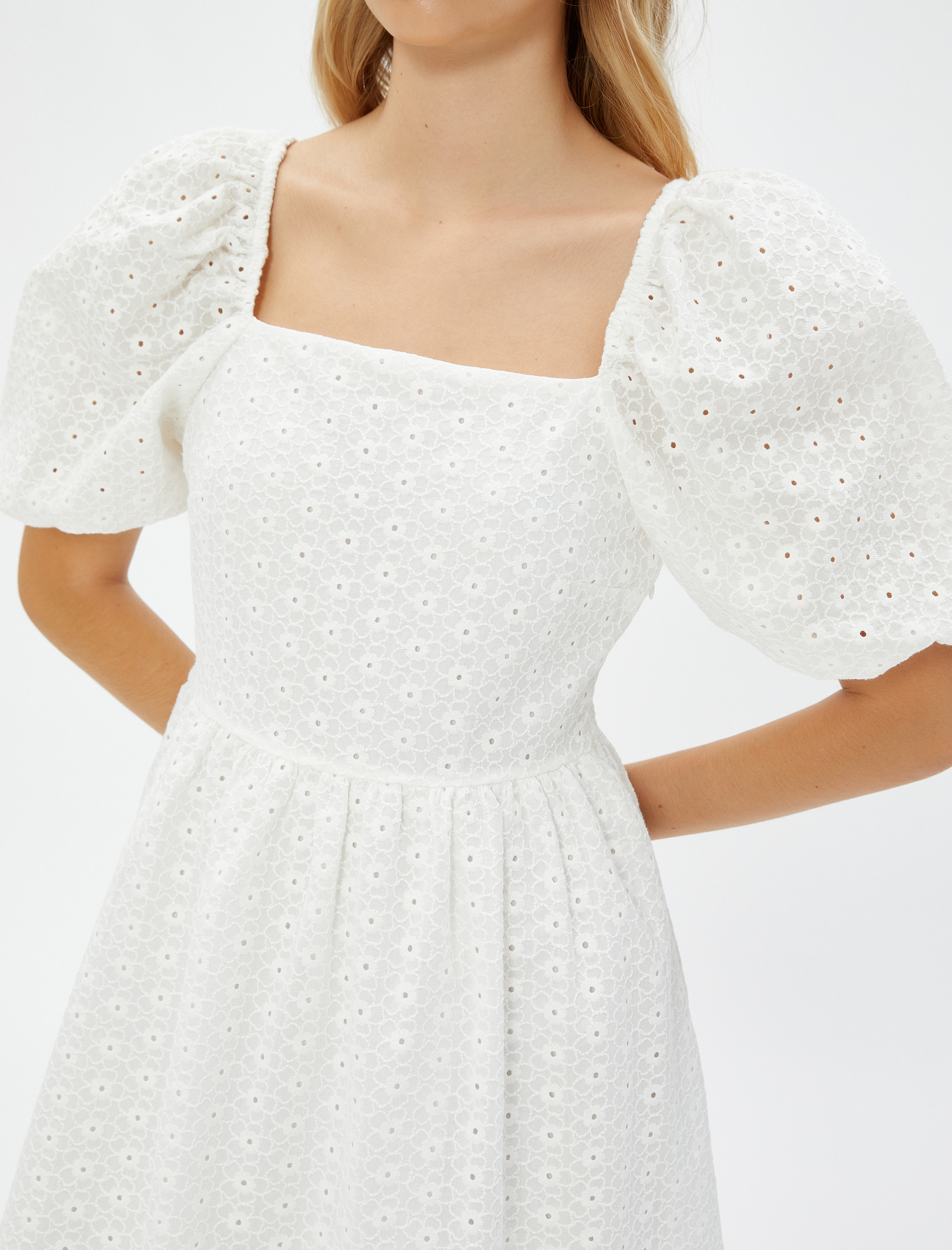   Fisto Elbise Mini Balon Kollu Kare Yaka Pamuklu