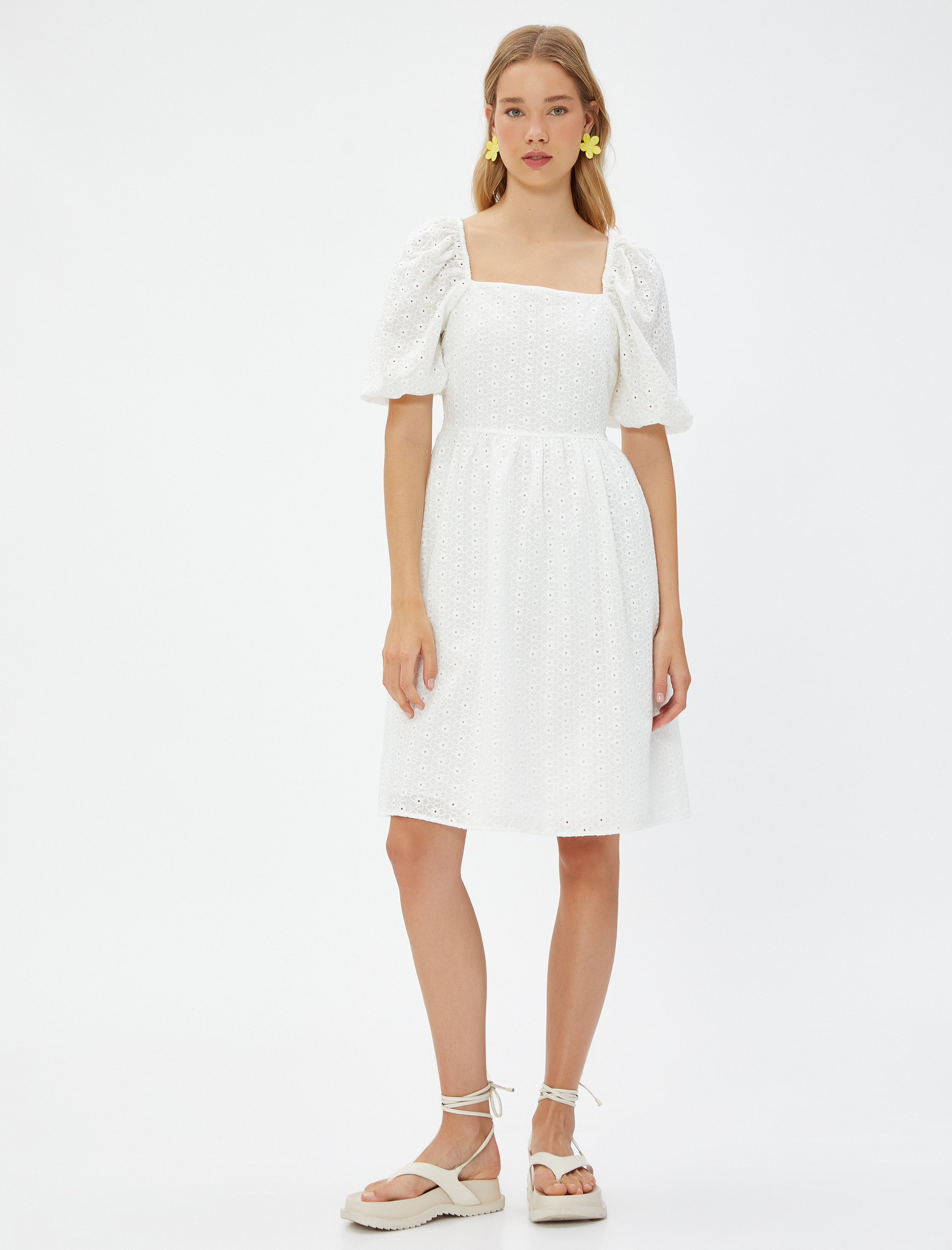   Fisto Elbise Mini Balon Kollu Kare Yaka Pamuklu