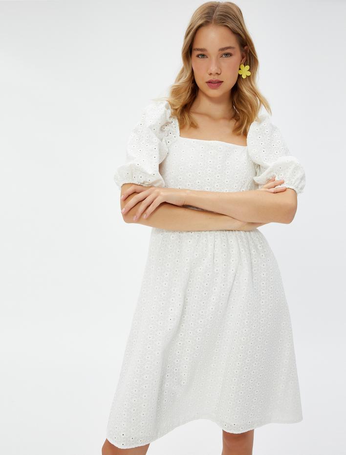  Fisto Elbise Mini Balon Kollu Kare Yaka Pamuklu