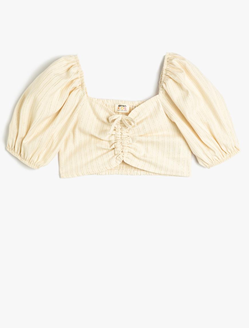  Kız Çocuk Crop Bluz Balon Kollu Önü Büzgülü U Yaka Pamuklu