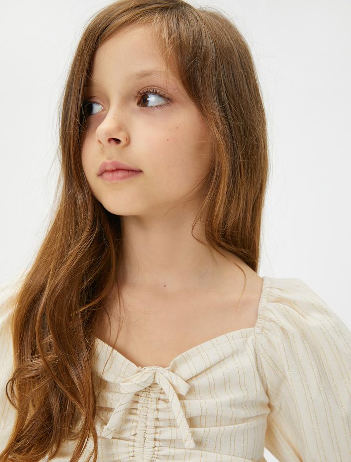 Kız Çocuk Crop Bluz Balon Kollu Önü Büzgülü U Yaka Pamuklu
