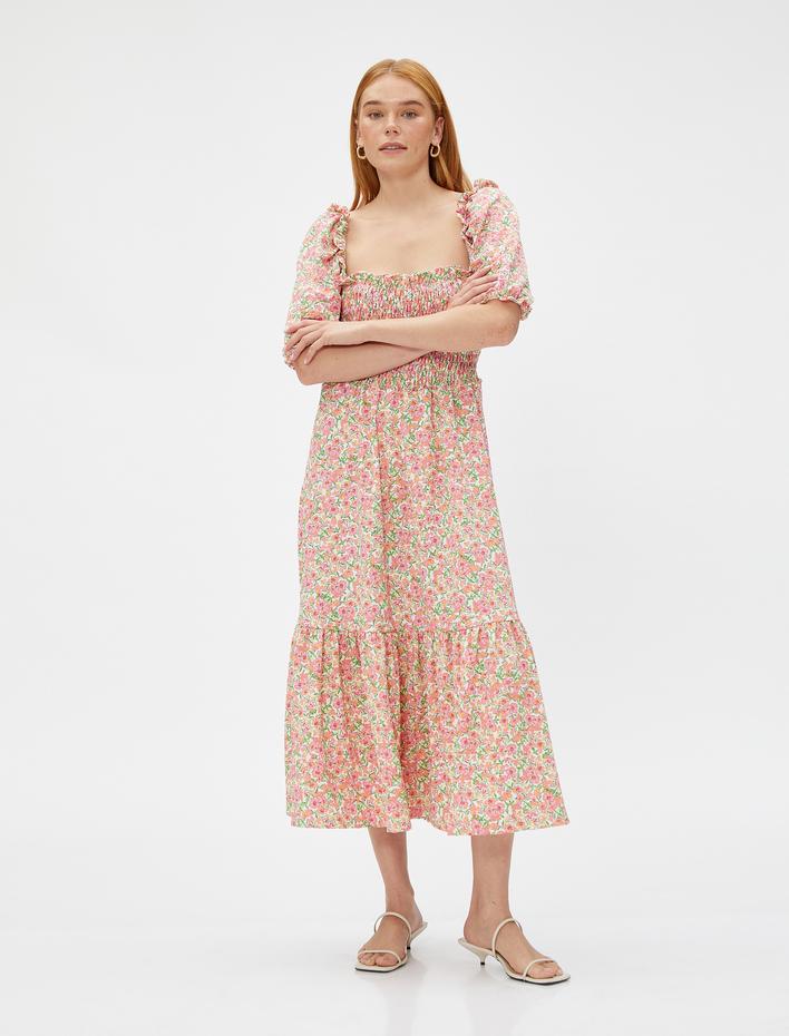  Midi Boy Çiçekli Elbise Gipeli Balon Kol