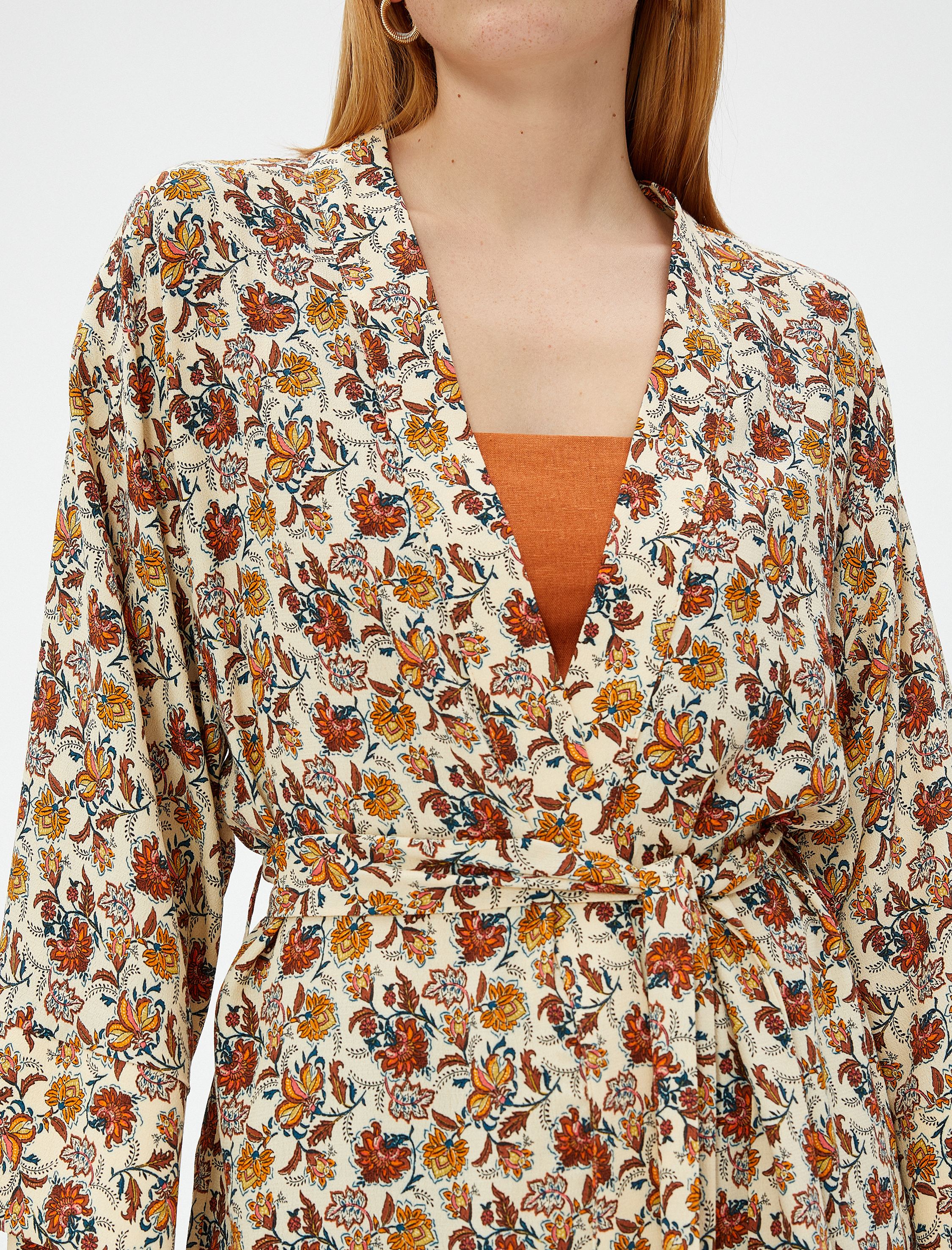   Çiçekli Kimono Kuşaklı Midi Boy