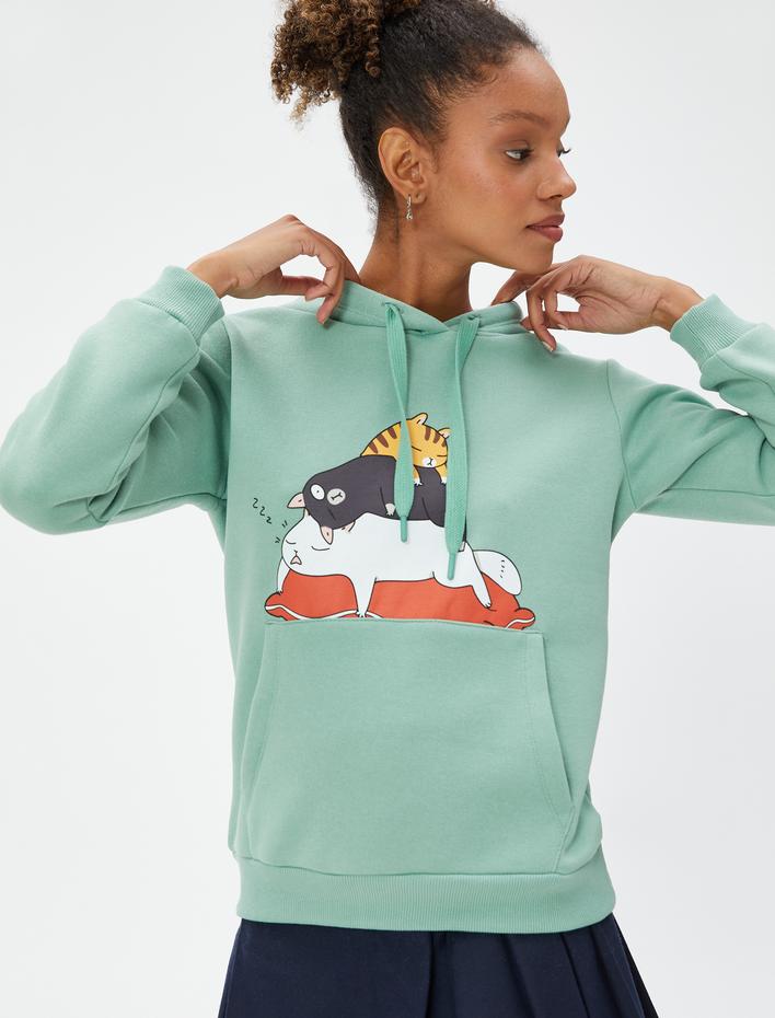  Şardonlu Kapüşonlu Sweatshirt Kedi Baskılı Kanguru Cepli