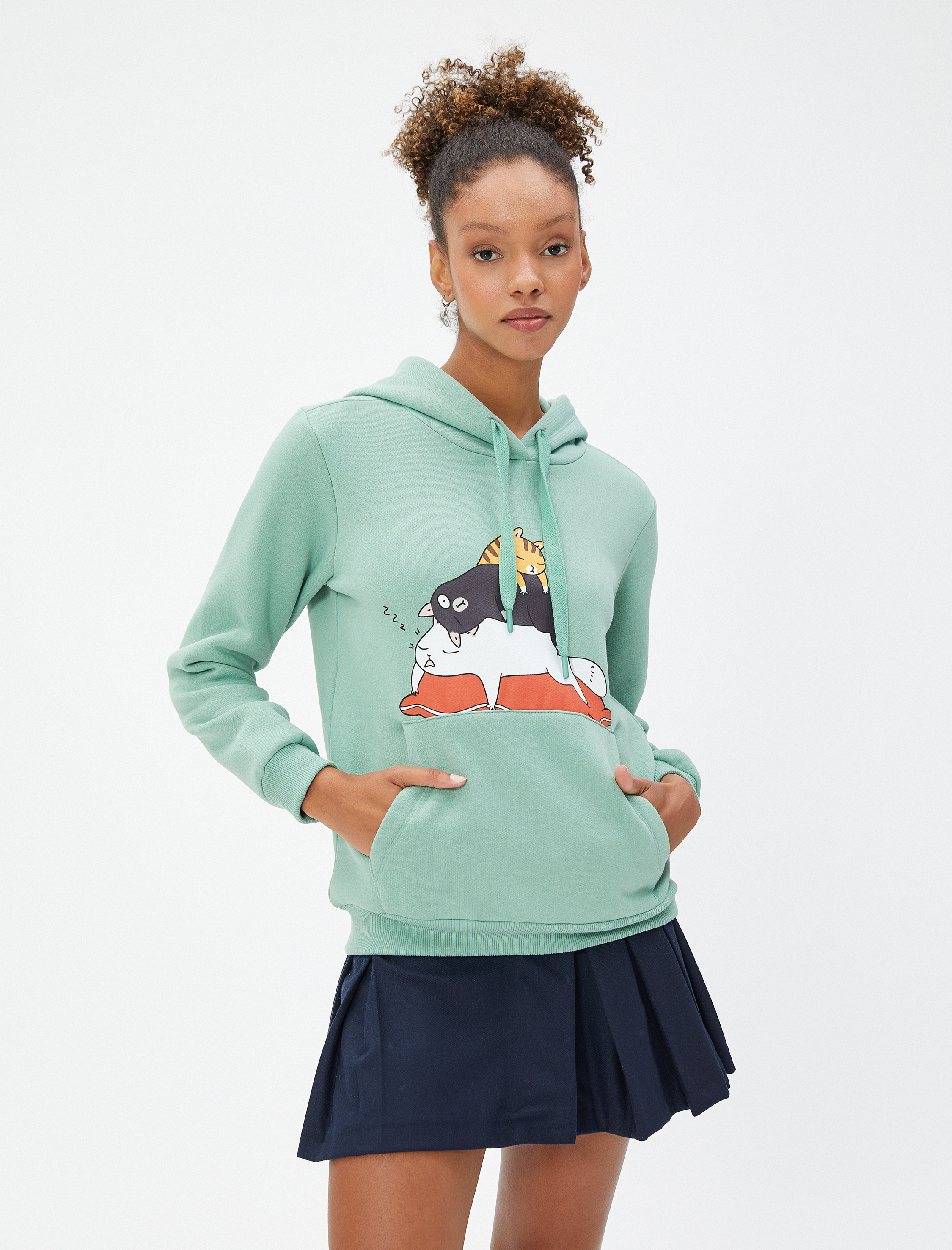   Şardonlu Kapüşonlu Sweatshirt Kedi Baskılı Kanguru Cepli