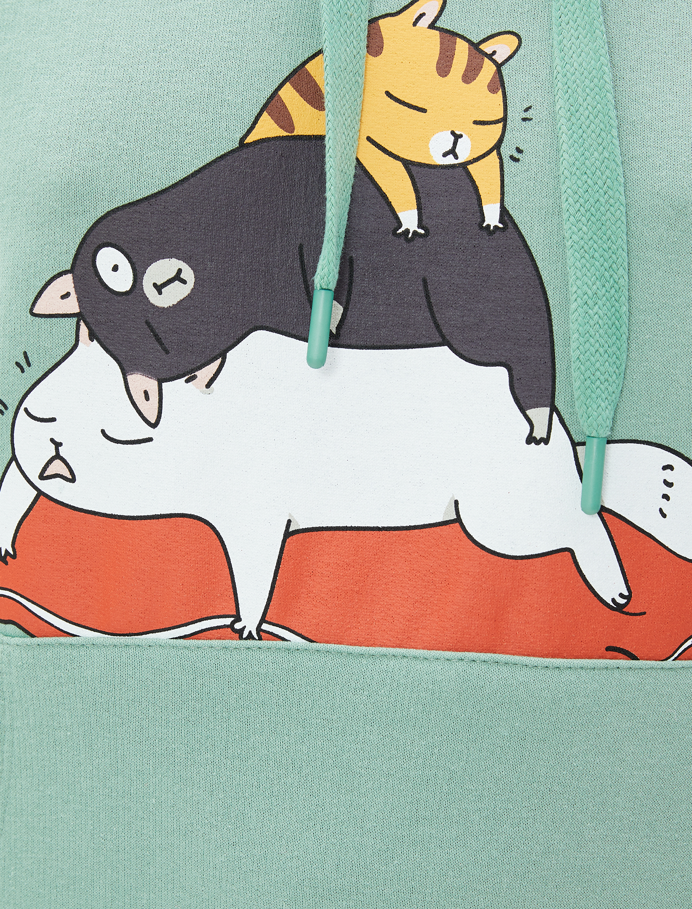   Şardonlu Kapüşonlu Sweatshirt Kedi Baskılı Kanguru Cepli