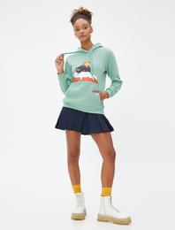 Şardonlu Kapüşonlu Sweatshirt Kedi Baskılı Kanguru Cepli