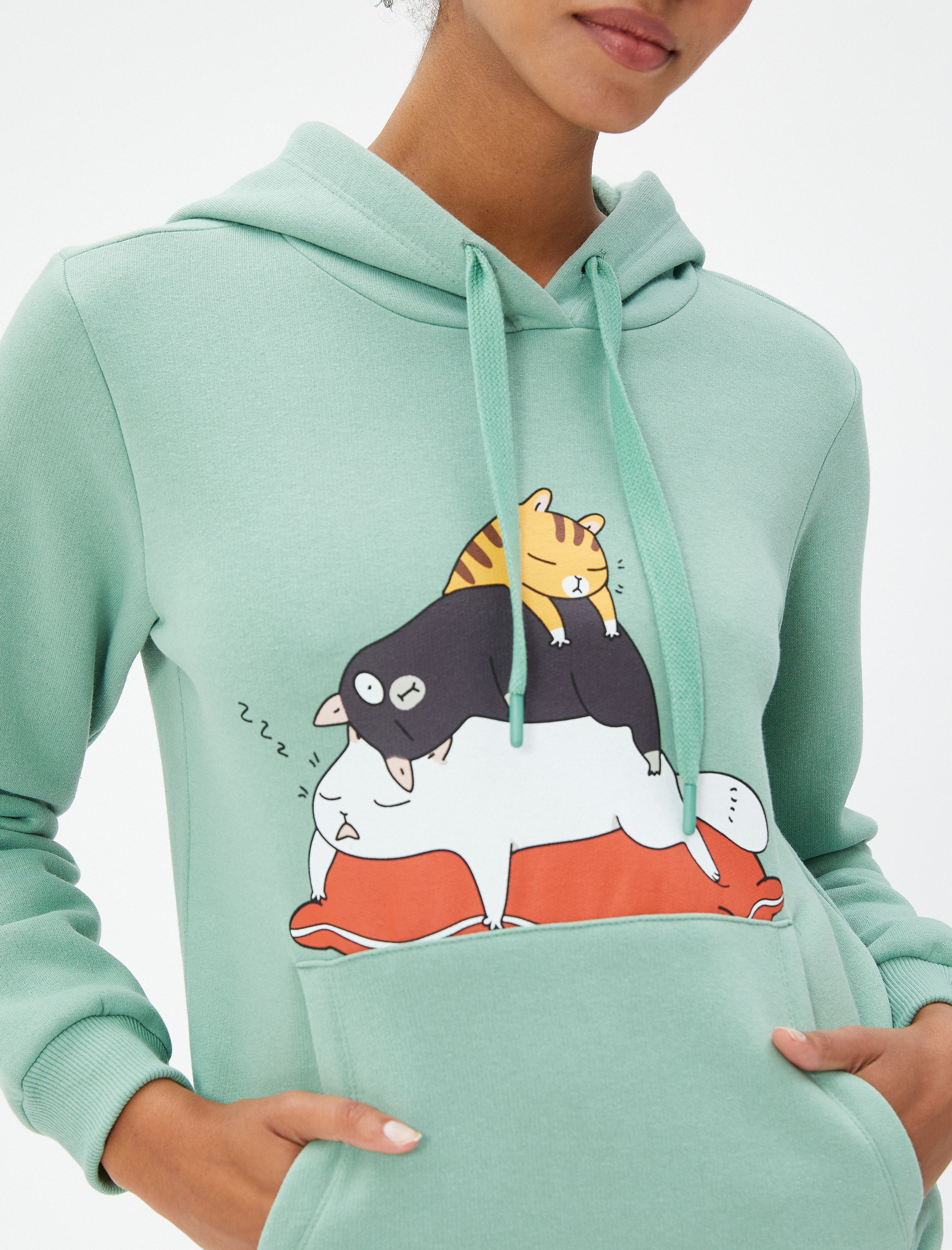   Şardonlu Kapüşonlu Sweatshirt Kedi Baskılı Kanguru Cepli