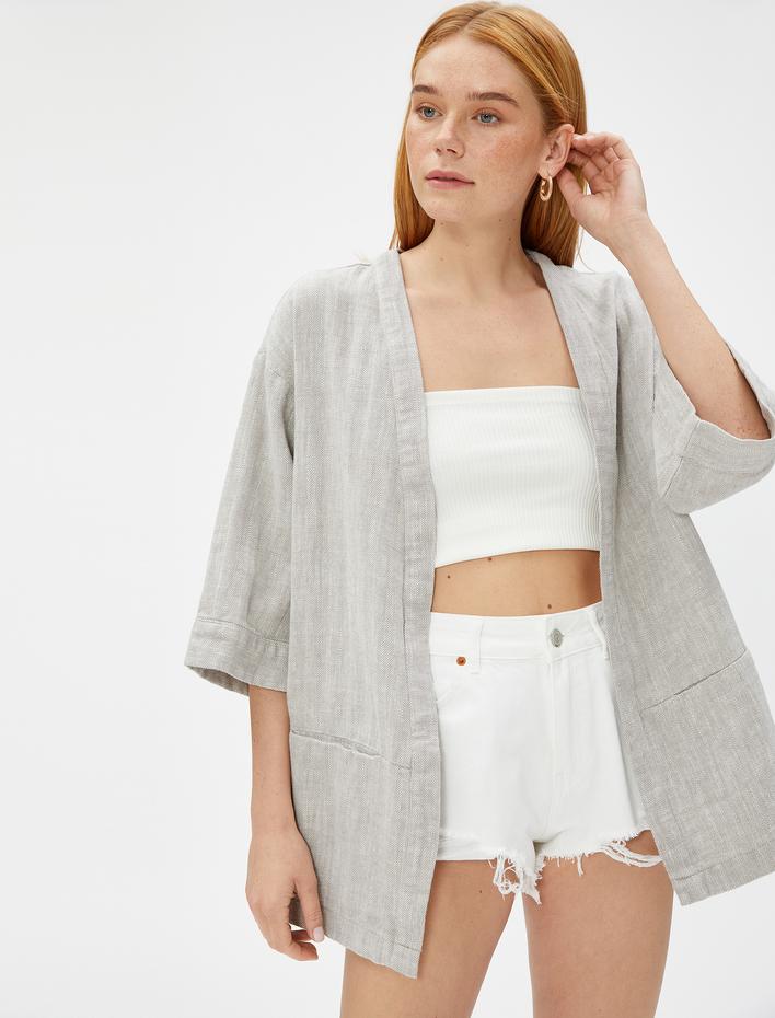  Keten Karışımlı Kısa Kimono Cepli