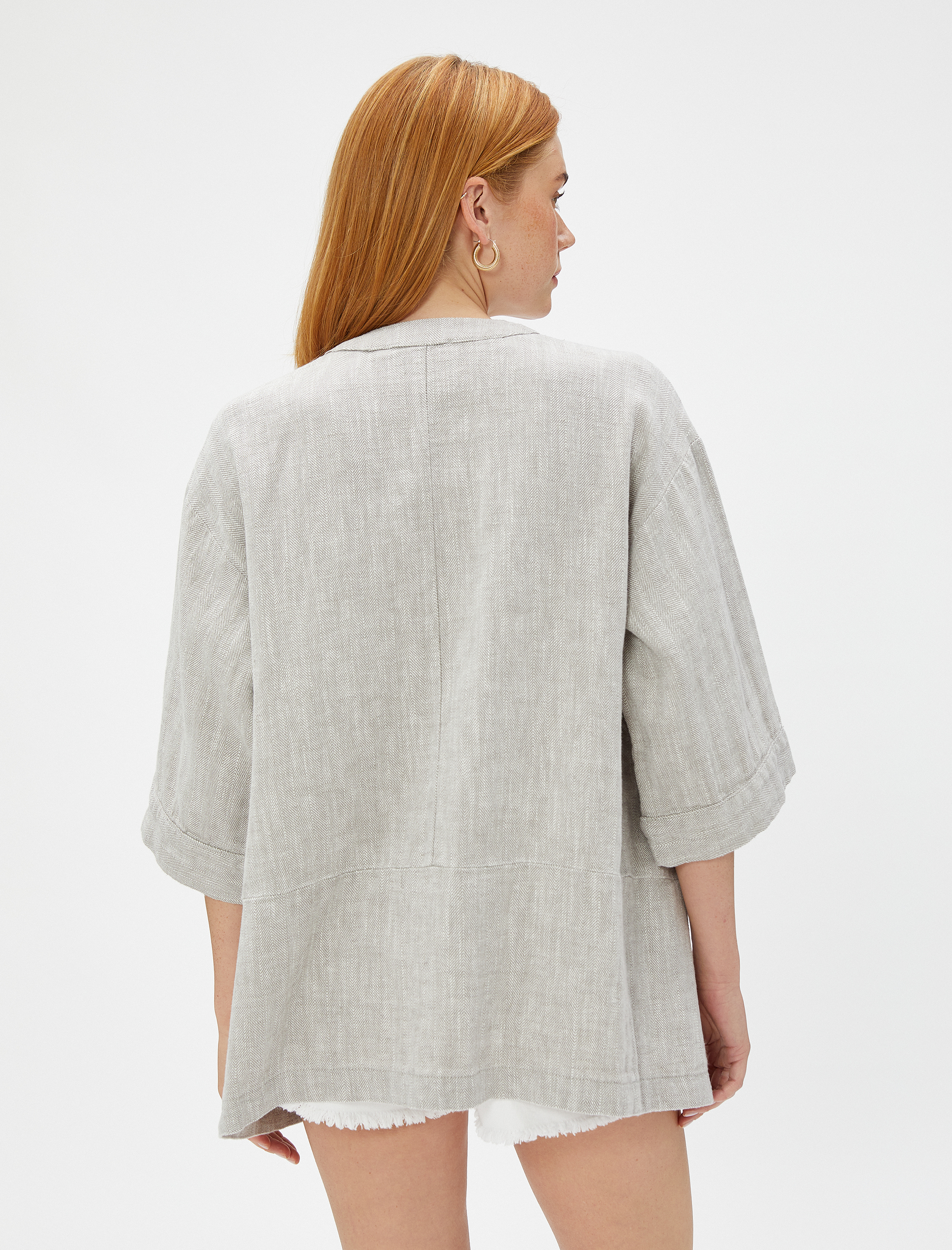 Keten Karışımlı Kısa Kimono Cepli