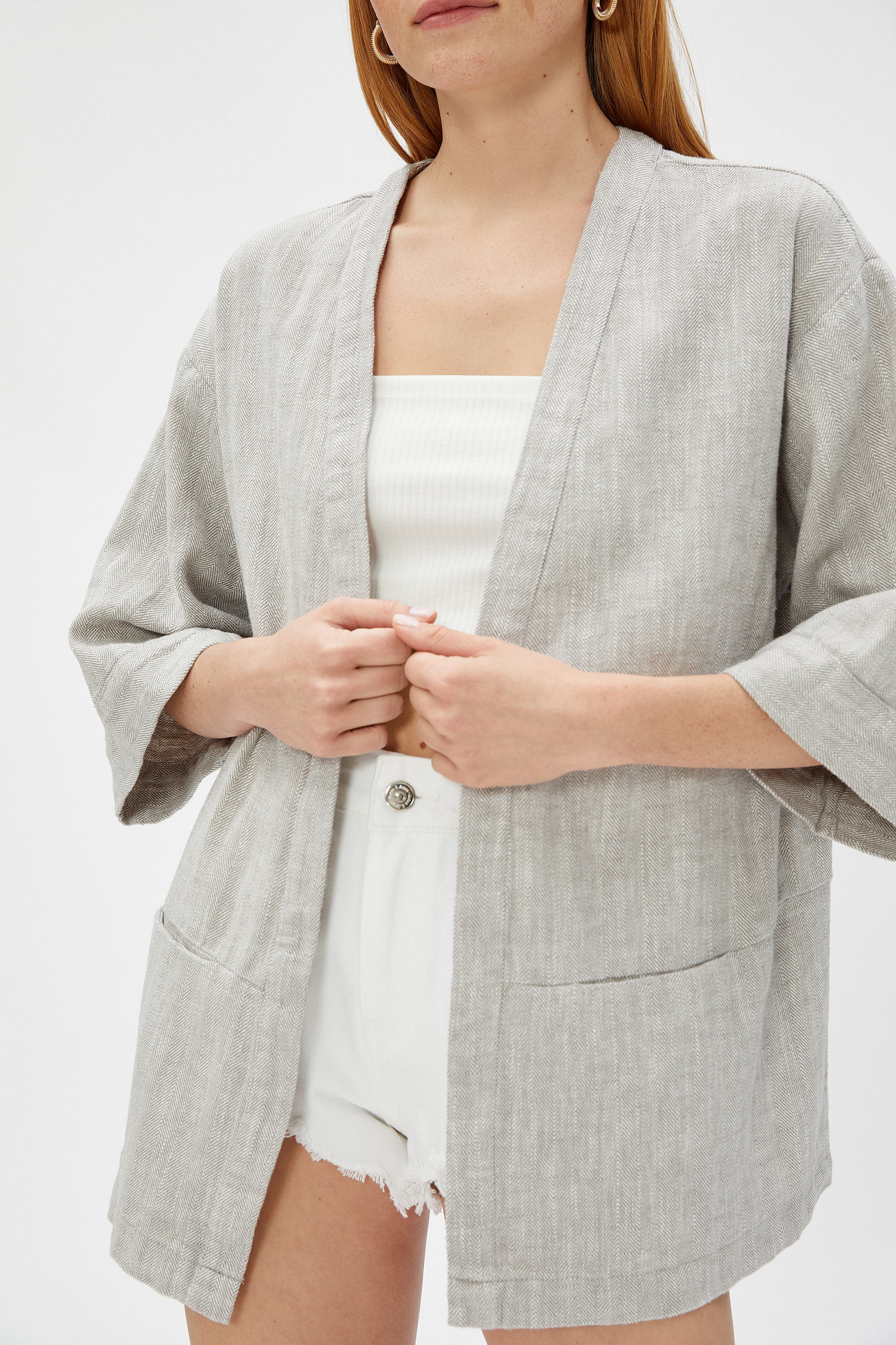 Keten Karışımlı Kısa Kimono Cepli