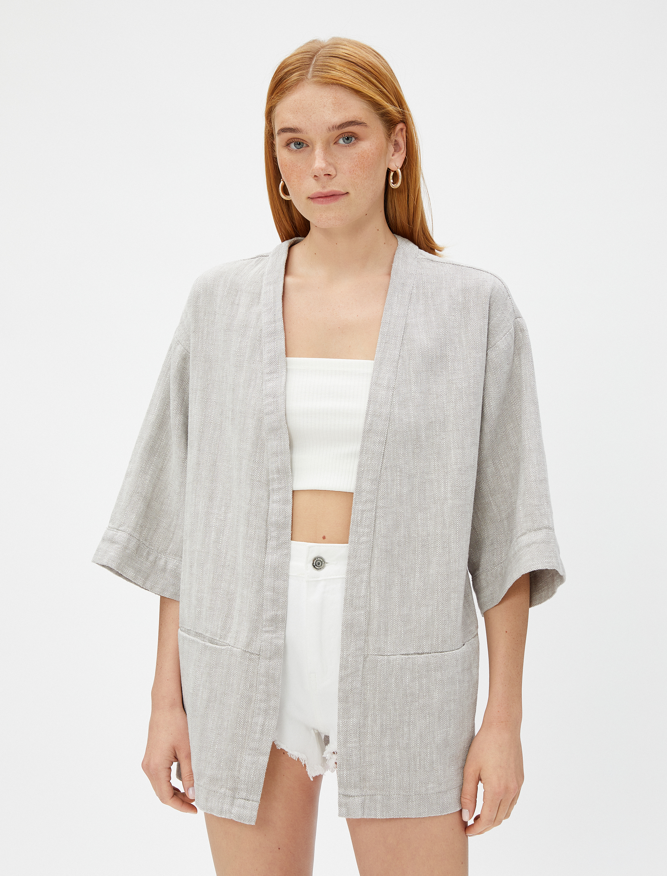 Keten Karışımlı Kısa Kimono Cepli