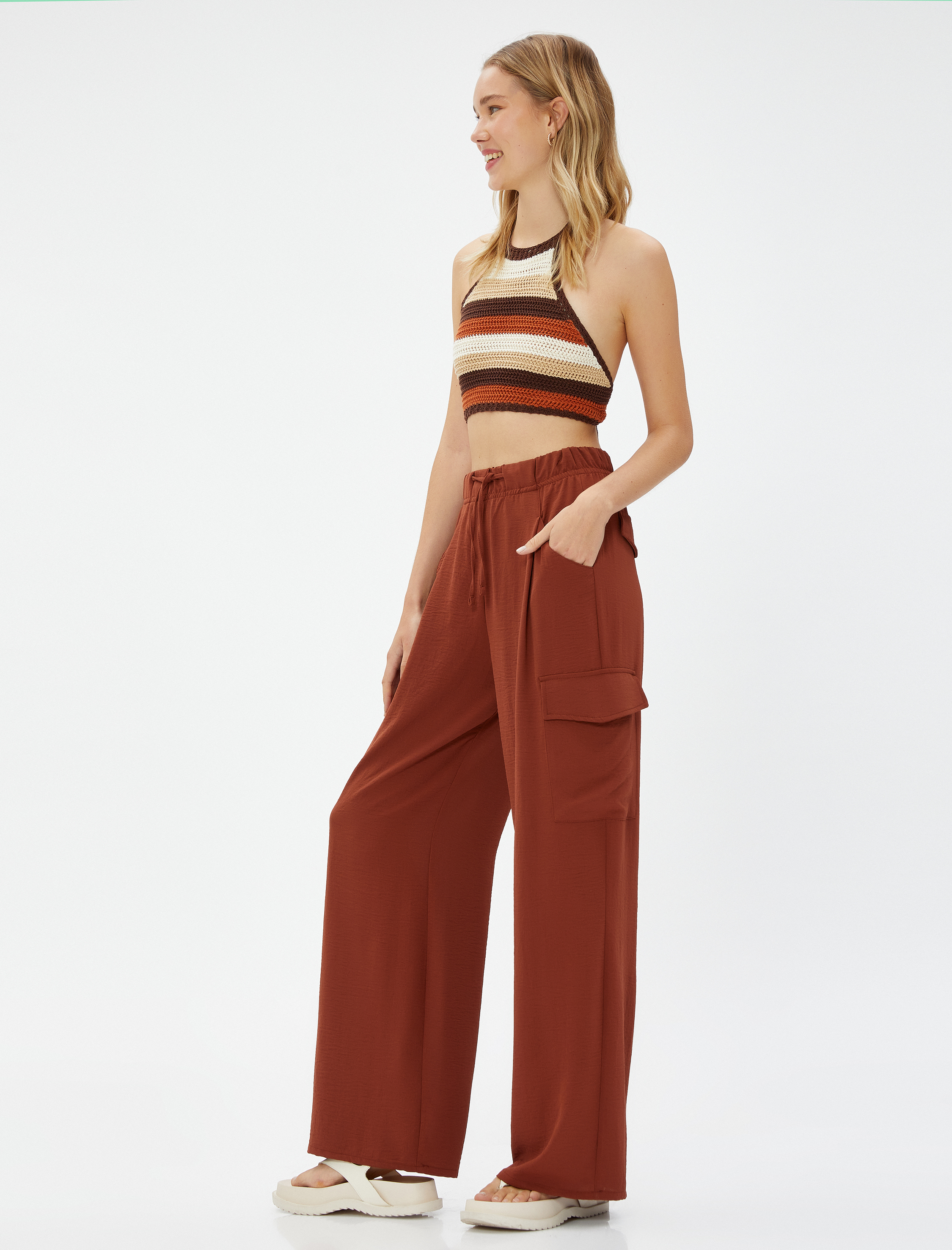   Kargo Pantolon Beli Lastikli Geniş Paça Cepli Dokulu