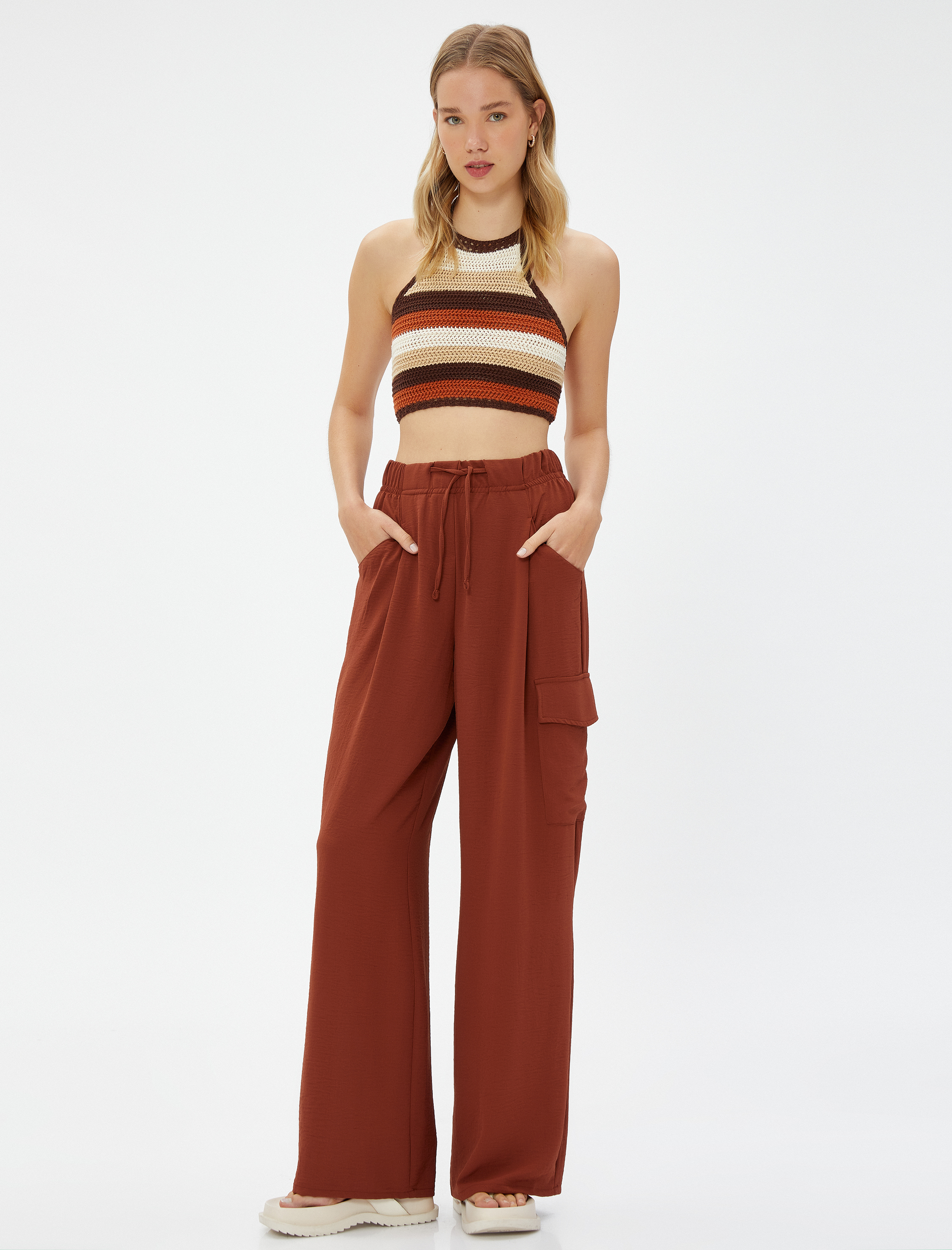   Kargo Pantolon Beli Lastikli Geniş Paça Cepli Dokulu