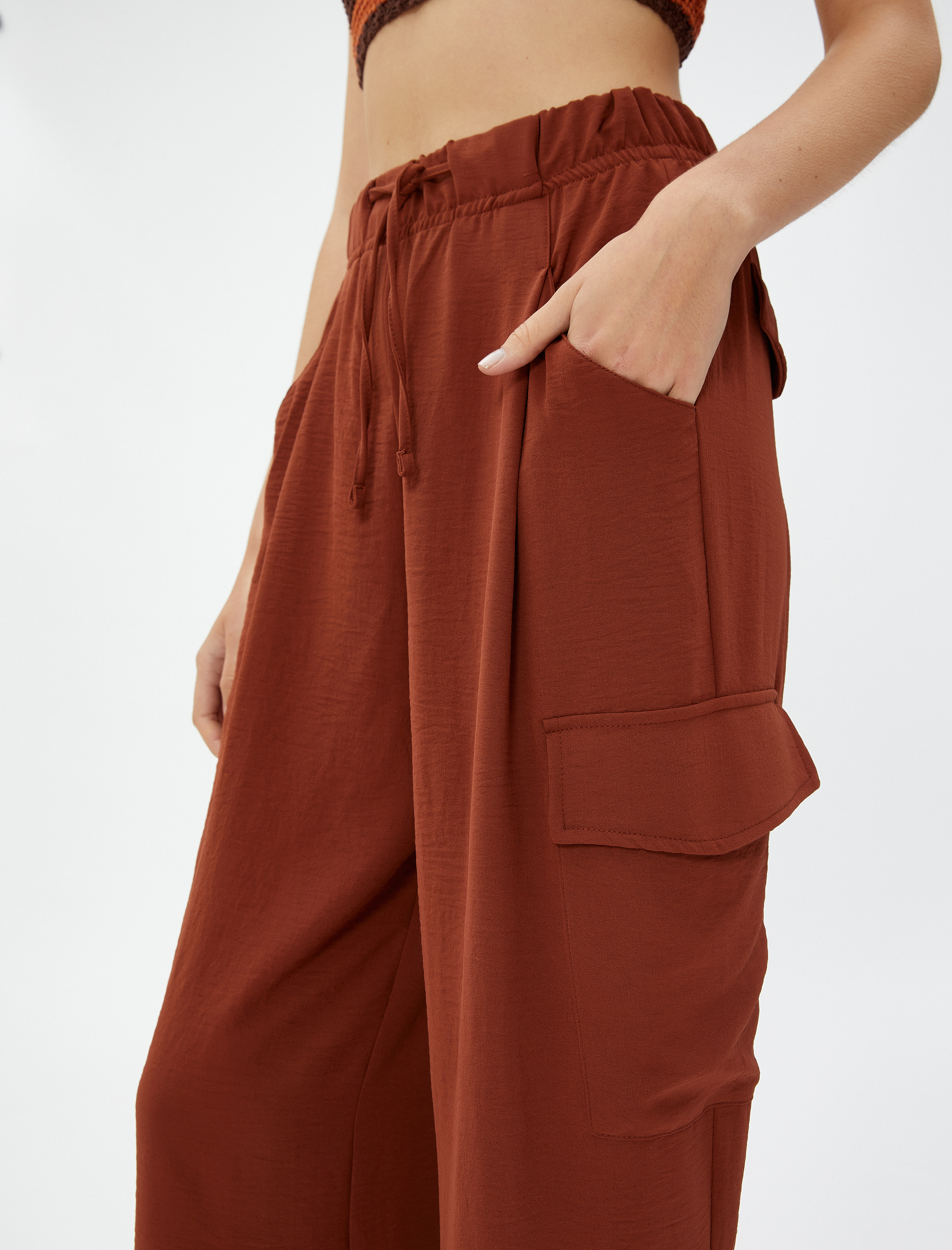   Kargo Pantolon Beli Lastikli Geniş Paça Cepli Dokulu