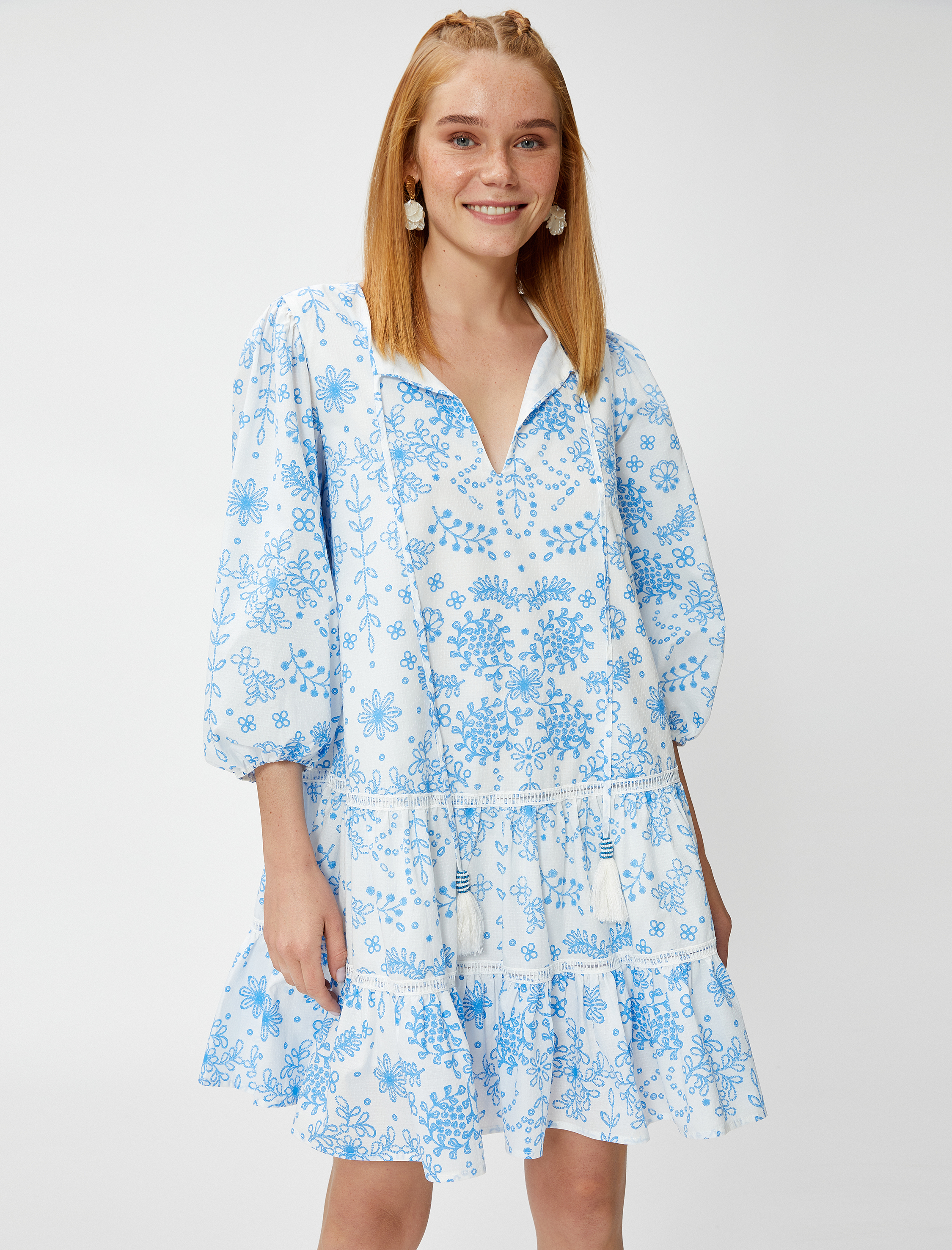   Mini Çiçekli Elbise Katlı Balon Kollu