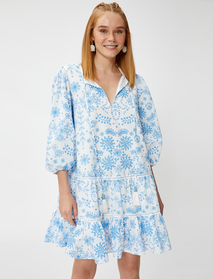  Mini Çiçekli Elbise Katlı Balon Kollu