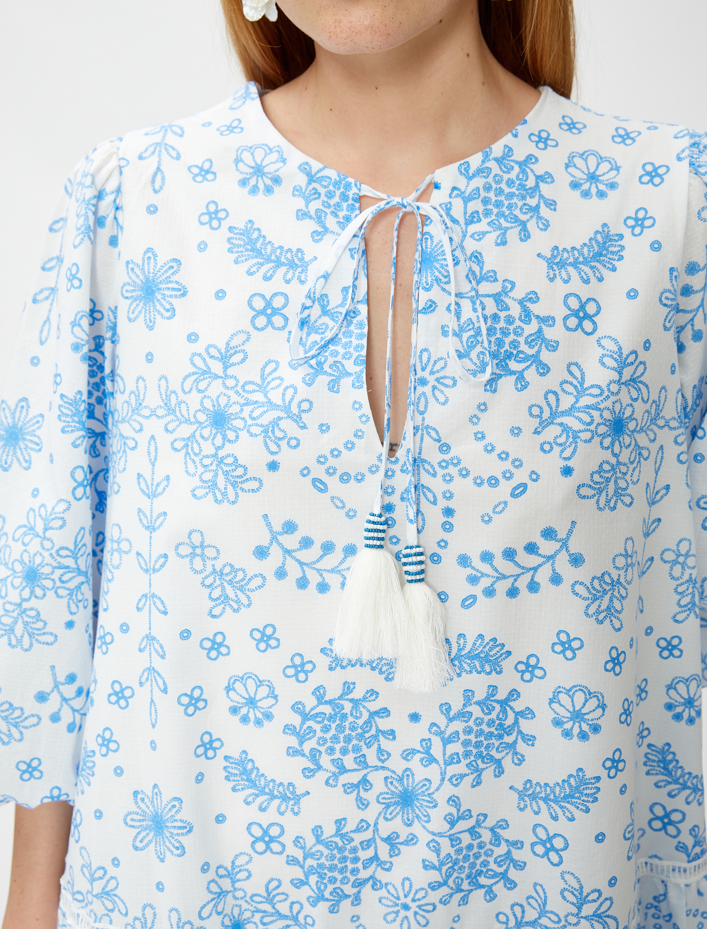   Mini Çiçekli Elbise Katlı Balon Kollu