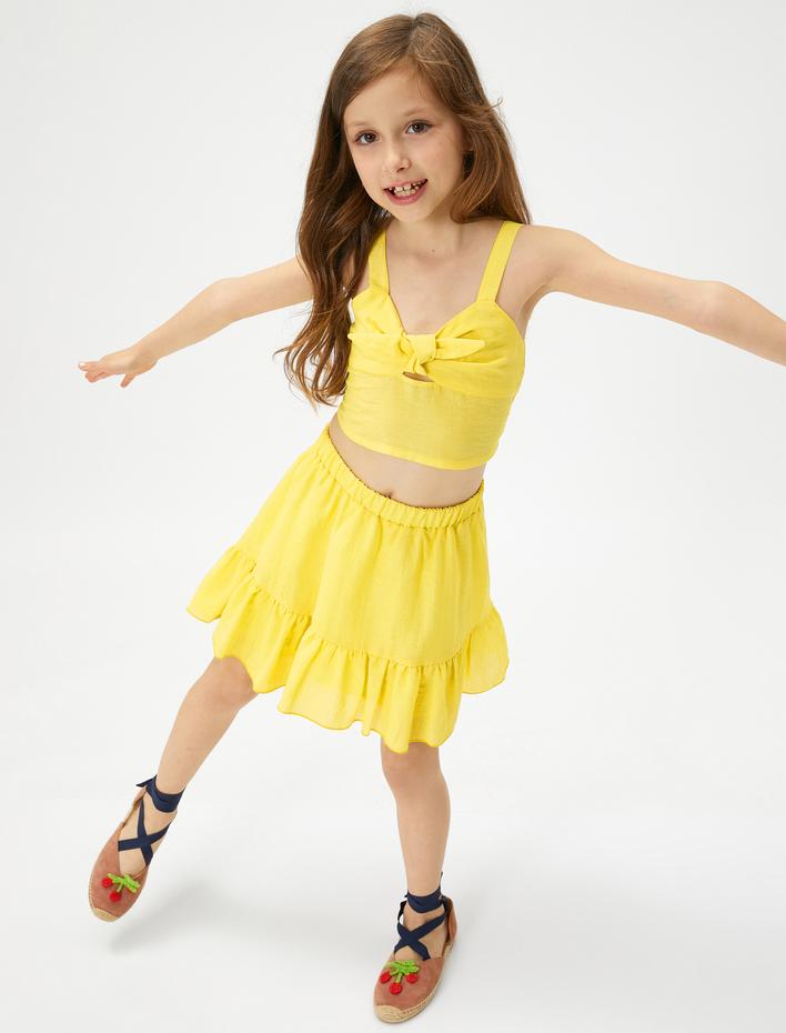 Kız Çocuk Crop Üst Askılı Dokulu Önden Bağlamalı Parlak