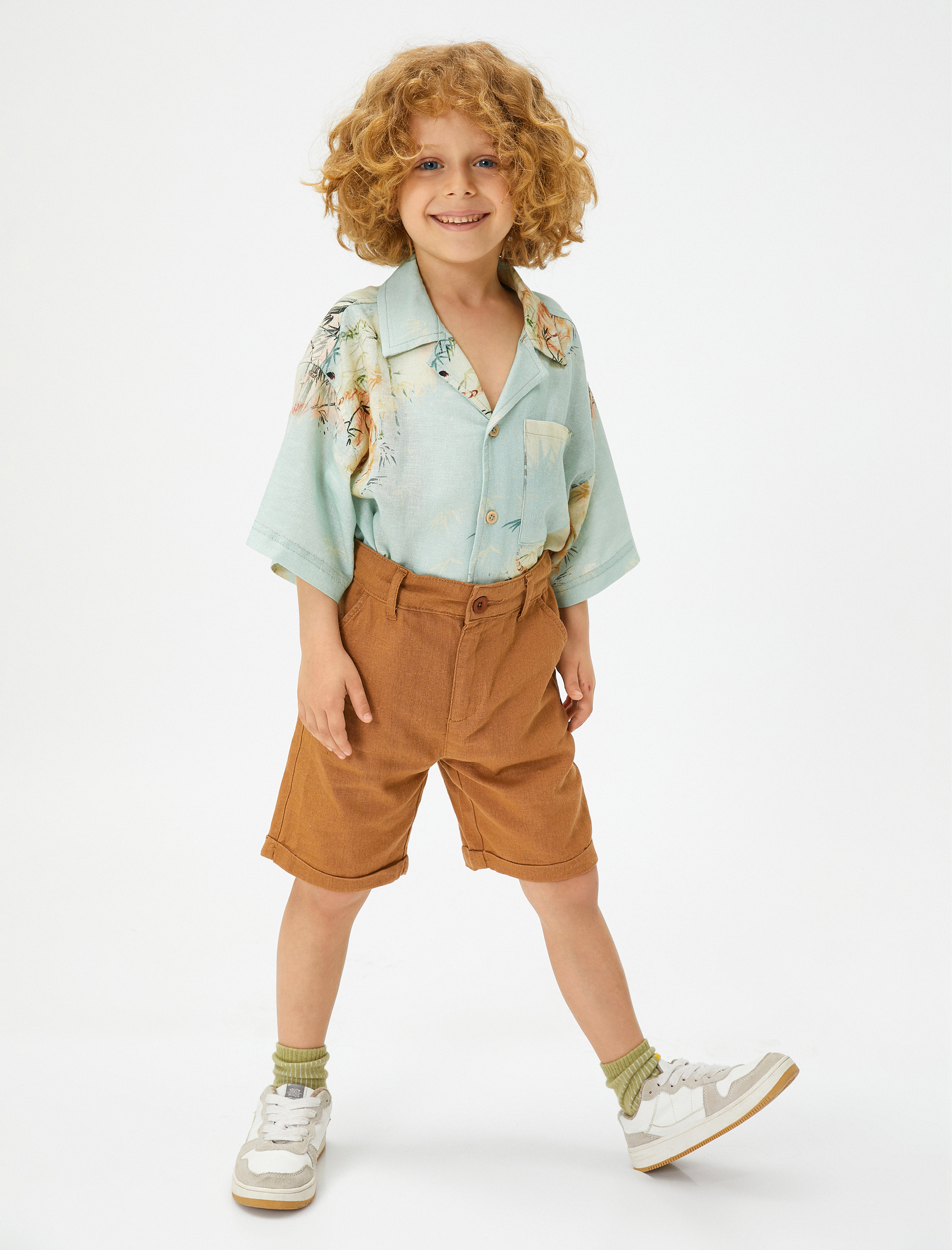  Erkek Çocuk Keten Şort Düğmeli Cepli