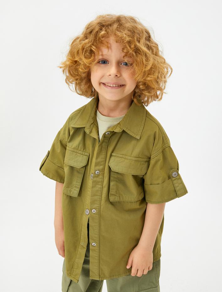Erkek Çocuk Safari Gömlek Kısa Kollu Kapaklı Çift Cep Detaylı