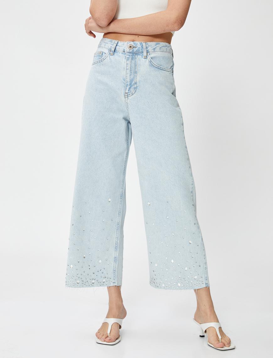   Bol Paça Kot Pantolon Taş İşlemeli - Bianca Crop Jeans