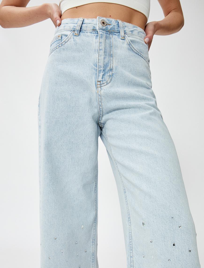   Bol Paça Kot Pantolon Taş İşlemeli - Bianca Crop Jeans