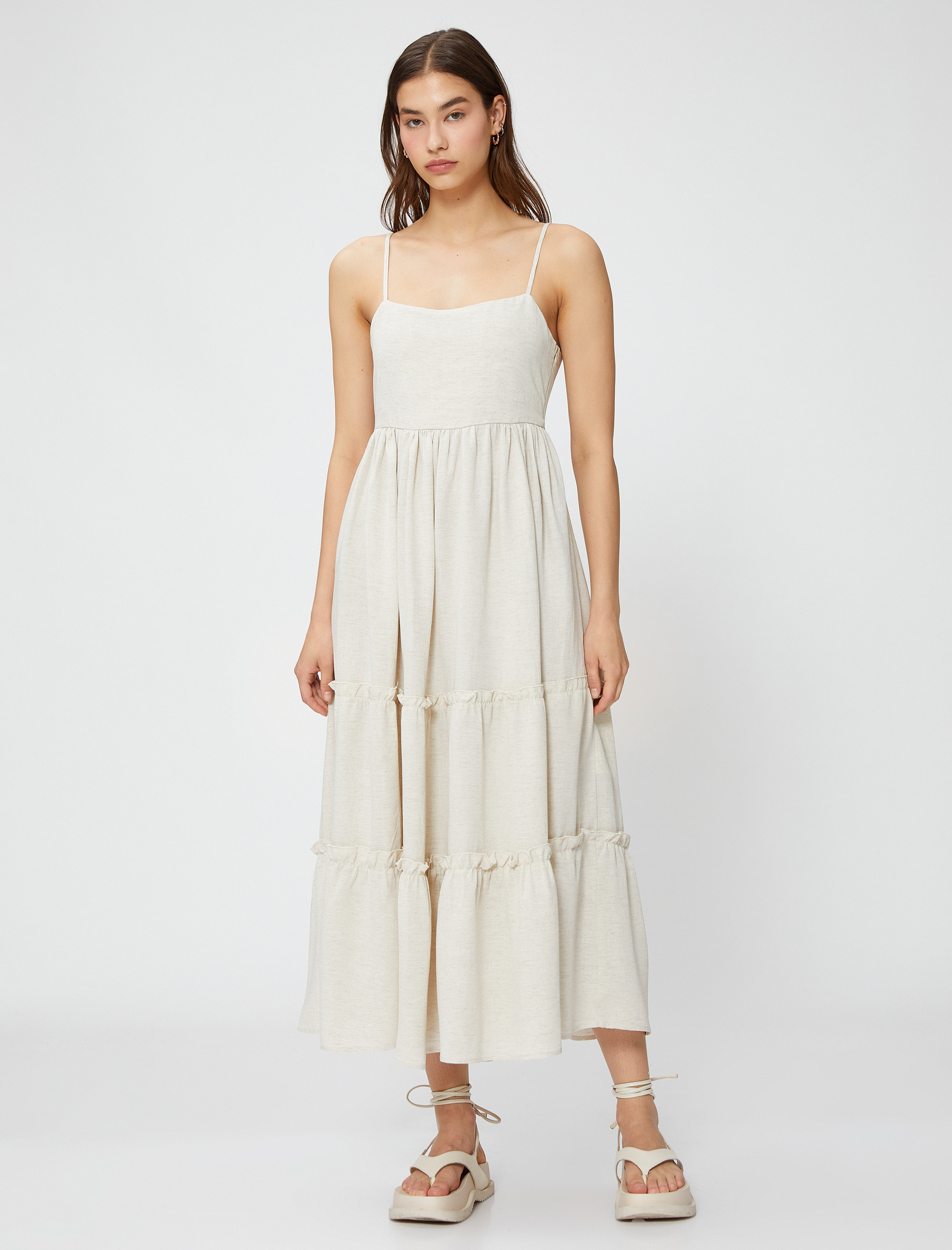   Uzun Elbise İnce Askılı Fırfırlı Keten Viskon Karışımlı