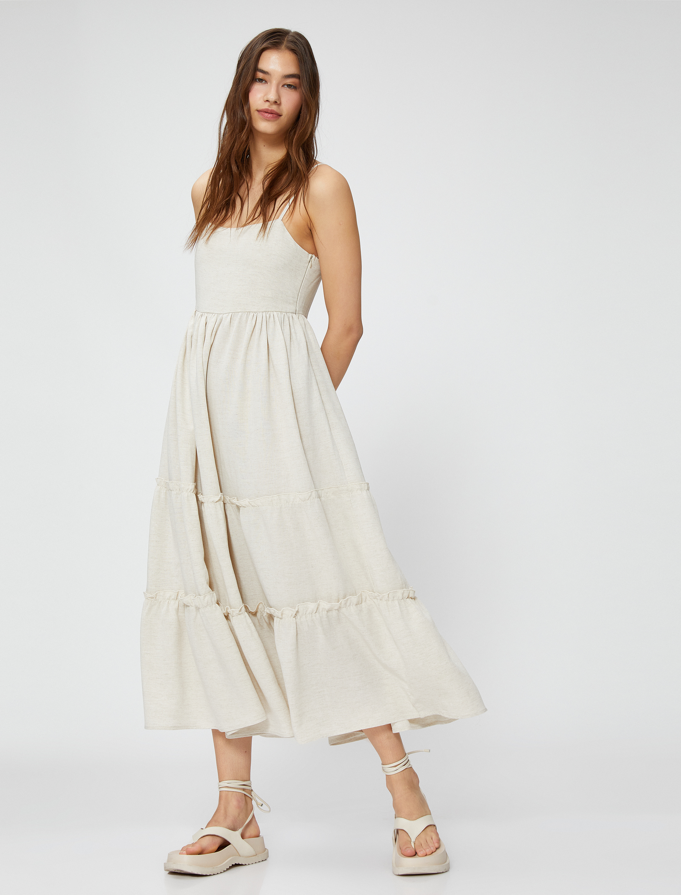   Uzun Elbise İnce Askılı Fırfırlı Keten Viskon Karışımlı