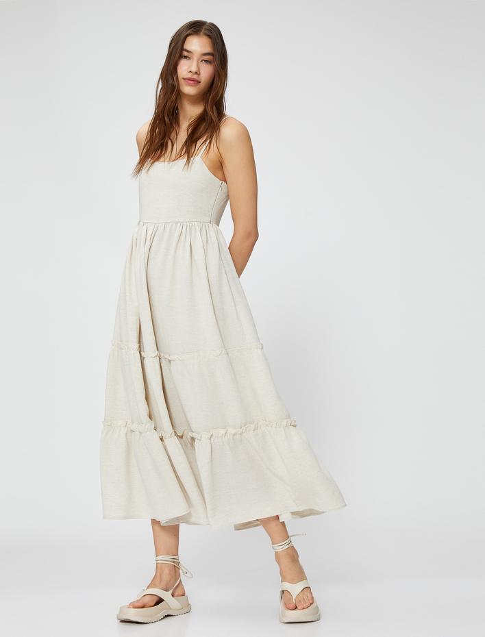  Uzun Elbise İnce Askılı Fırfırlı Keten Viskon Karışımlı