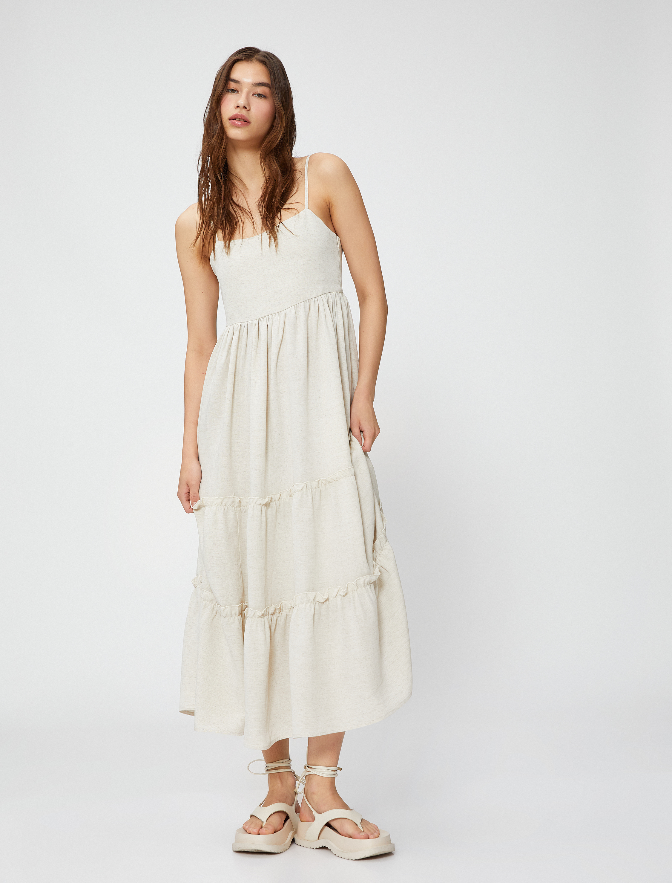   Uzun Elbise İnce Askılı Fırfırlı Keten Viskon Karışımlı